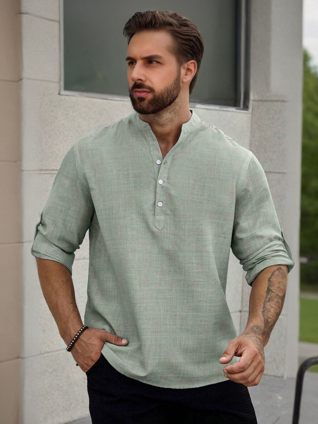 

StyleCast Men Mandarin Collar Solid T-shirt, Green