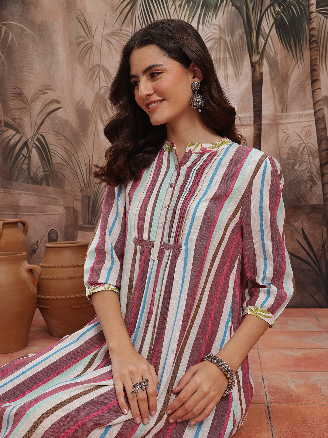 

Sangria Pin Tucks Detail Striped Shirt Style Dress, Beige
