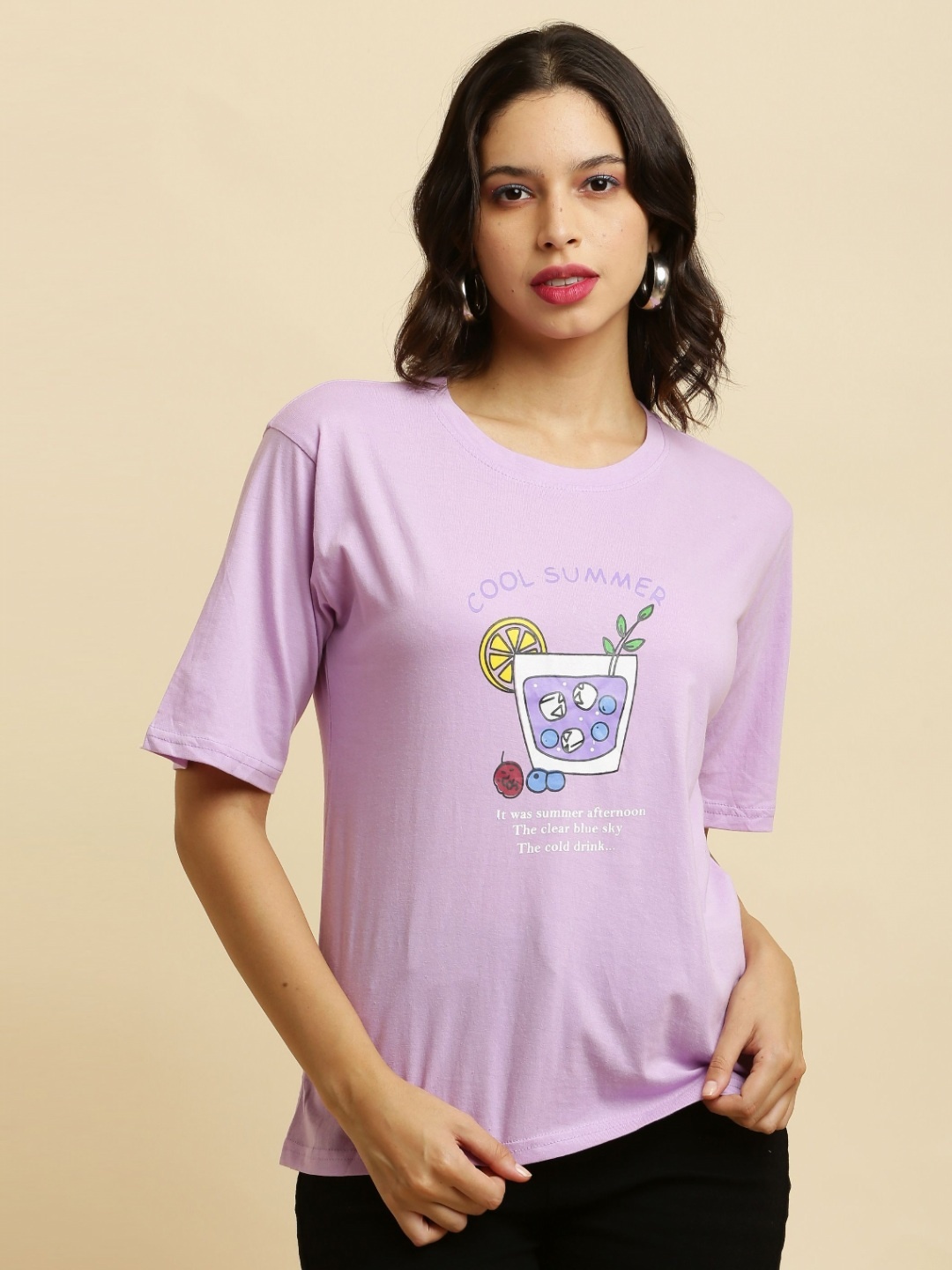 

Purser Women Graphic Printed Round Neck Cotton T-shirt, Lavender