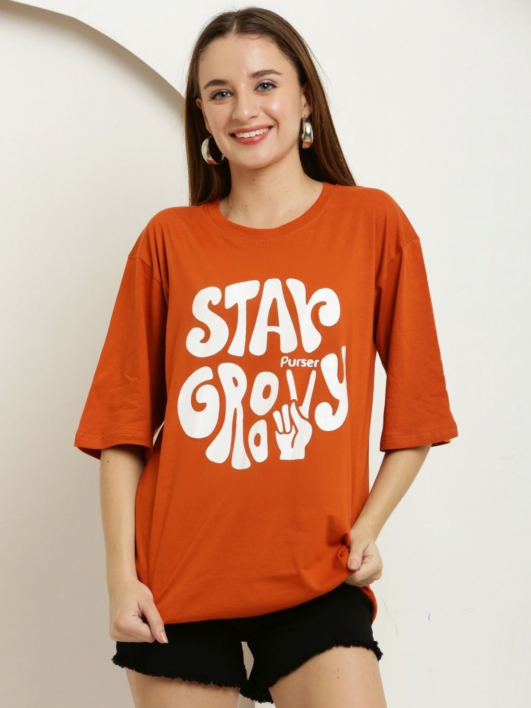 

Purser Women Typography Printed Round Neck Cotton Oversized T-shirt, Orange