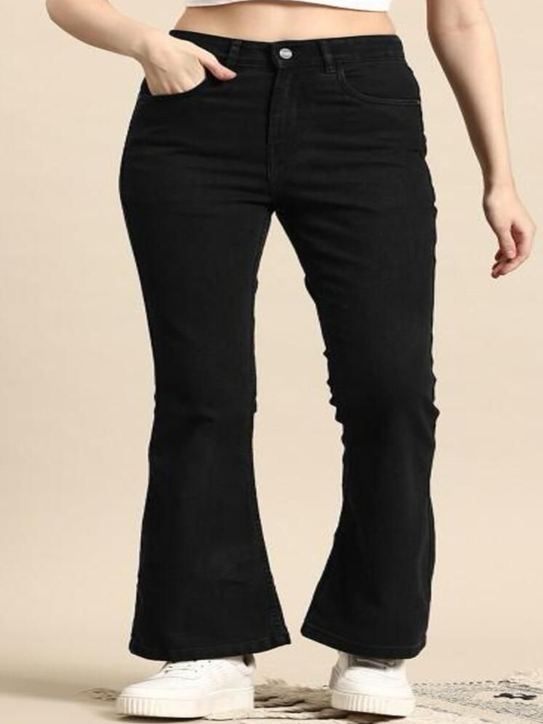 

Perfect Outlet Women Bootcut High-Rise Slash Knee Stretchable CottonJeans, Black