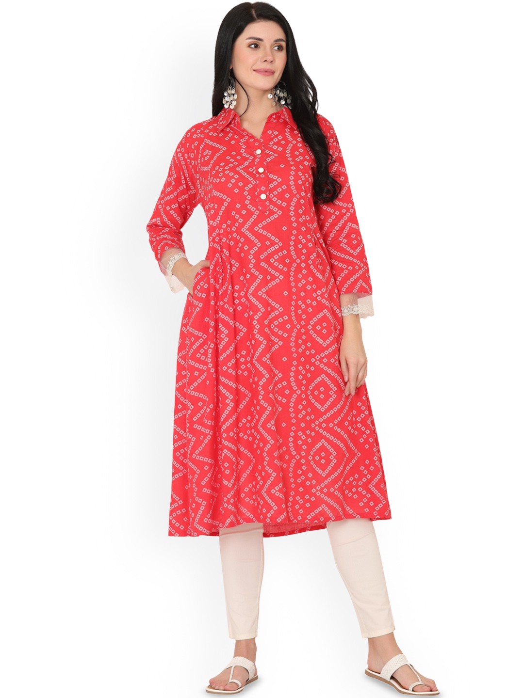 

Jivitha Bandhani Printed Shirt Collar Pure Cotton A-Line Kurta, Pink