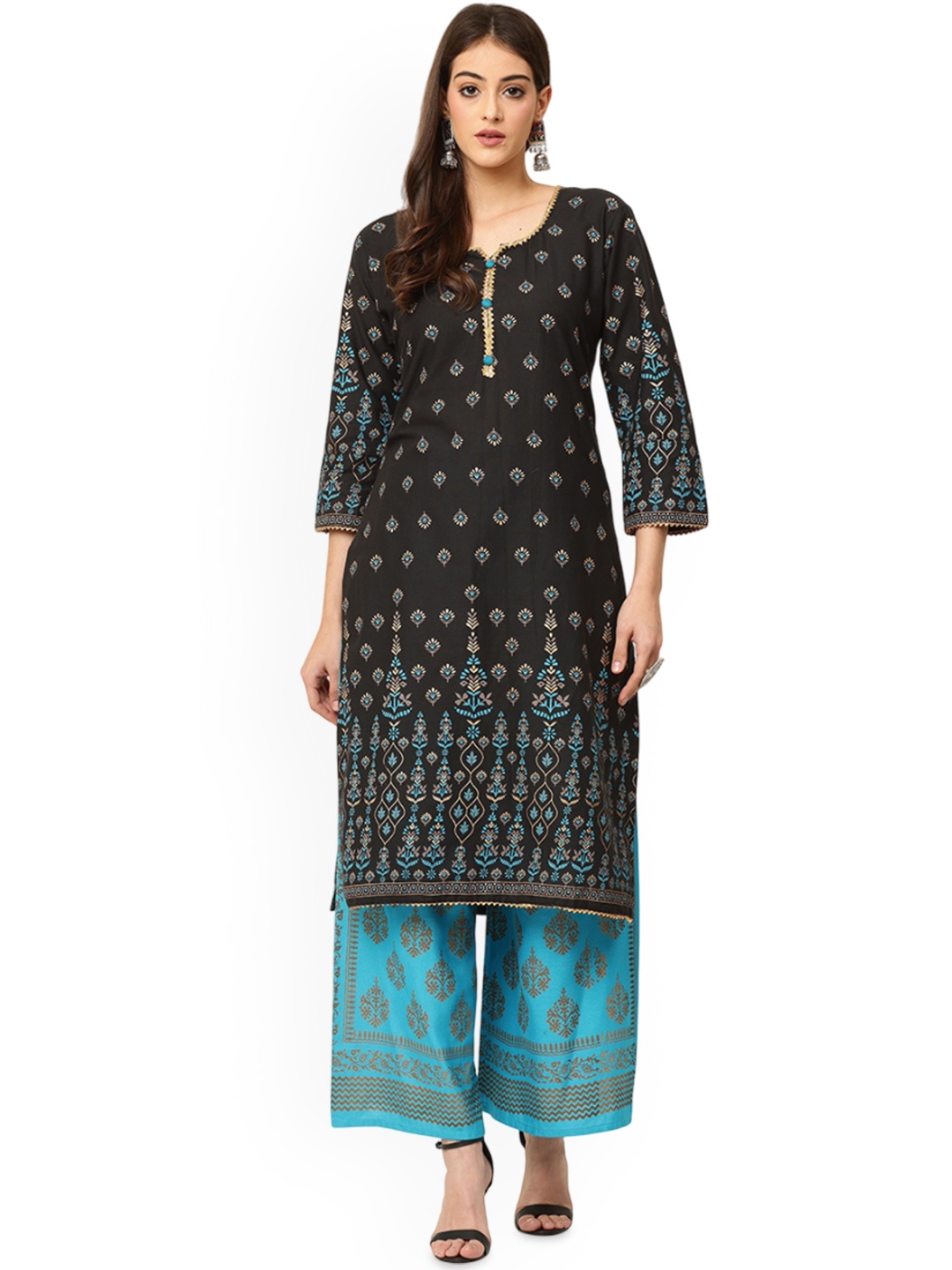

Jivitha Ethnic Motifs Printed Bell Sleeves Gotta Patti Work Kurta, Black