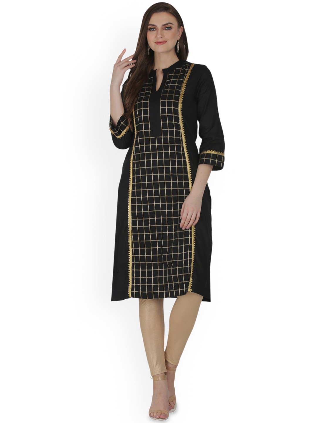 

Jivitha Checked Mandarin Collar Gotta Patti Pure Cotton Panelled Straight Kurta, Black