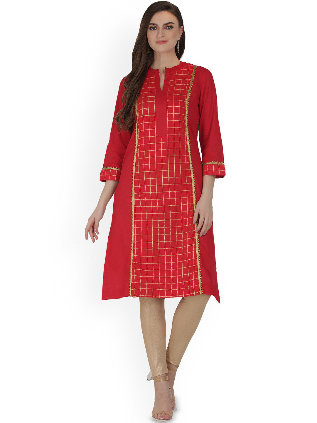 

Jivitha Checked Mandarin Collar Gotta Patti Pure Cotton Panelled Straight Kurta, Red