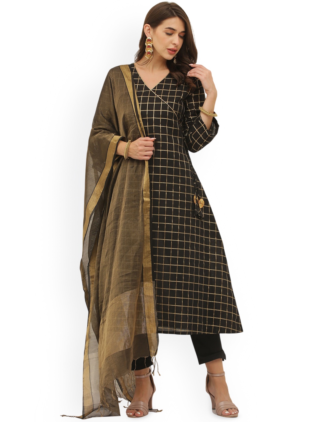 

Jivitha Checked Woven Design Angrakha Cotton A-Line Kurta, Black