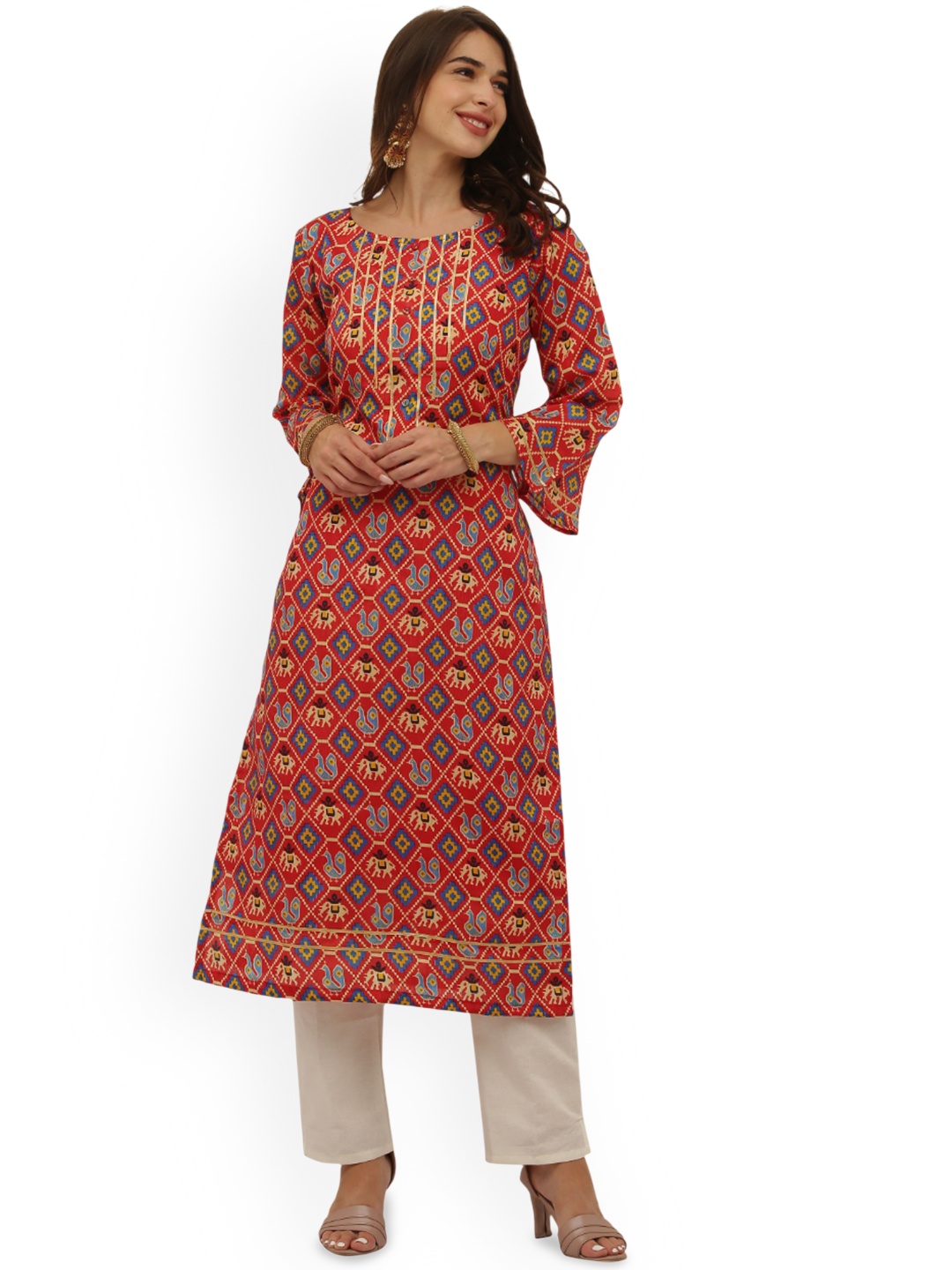 

Jivitha Women Ethnic Motifs Yoke Design Bell Sleeves Thread Work Kurta, Red