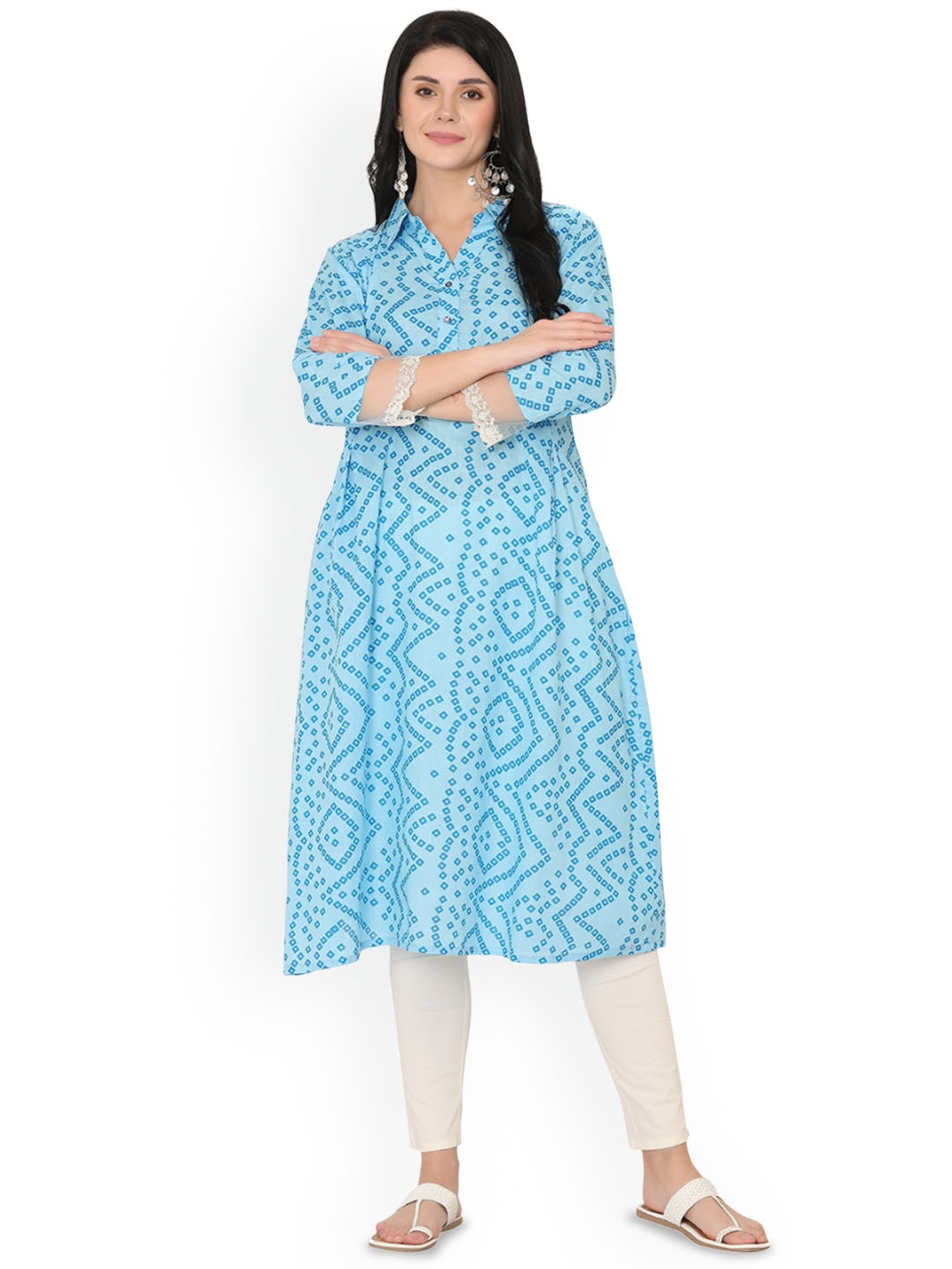 

Jivitha Bandhani Printed Cotton A-Line Kurta, Blue