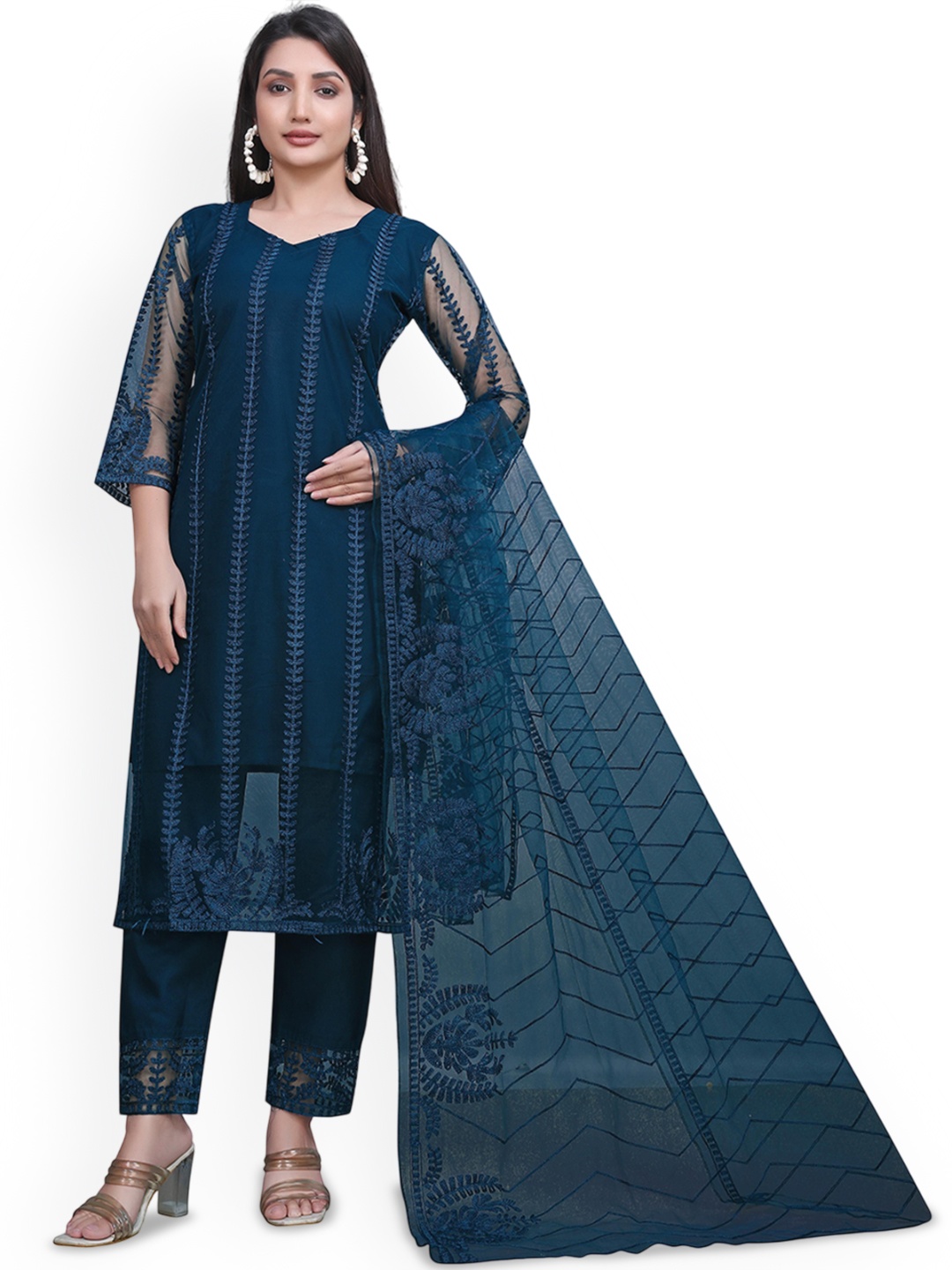 

Bought First Women Embroidered Regular Thread Work Kurta with Trousers & With Dupatta, Blue