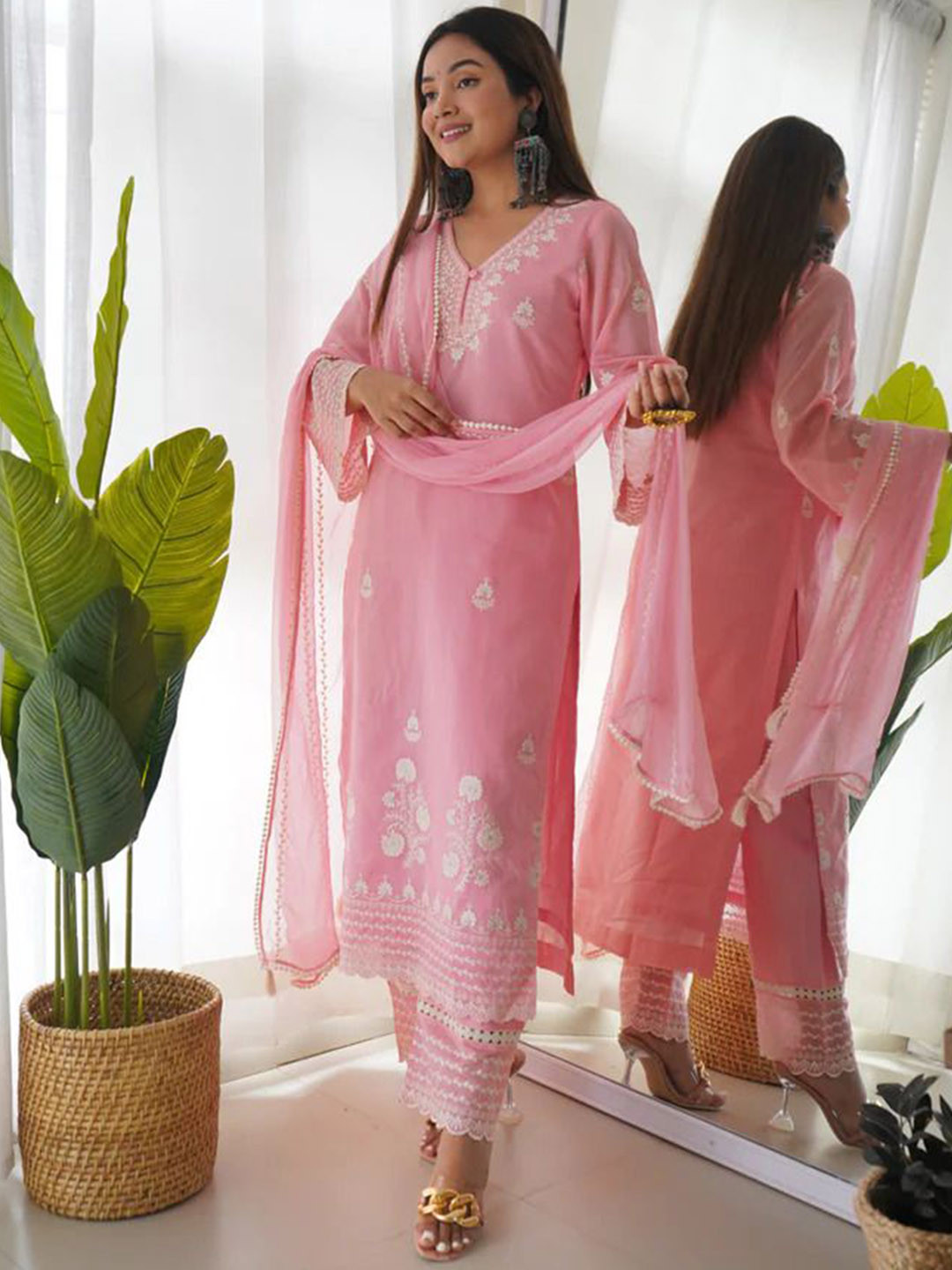

Bought First Women Embroidered Regular Thread Work Kurti with Pyjamas & With Dupatta, Pink