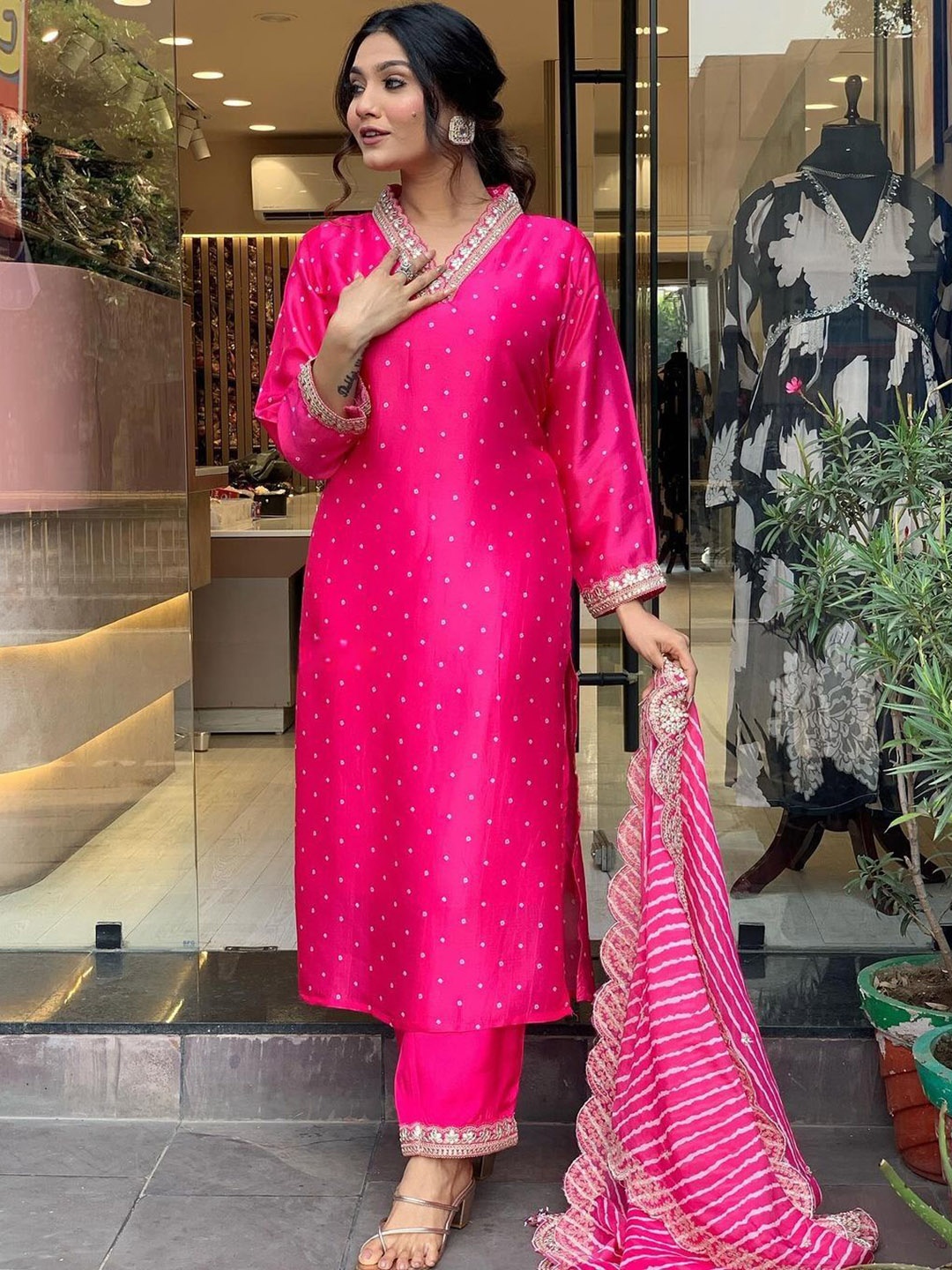 

Bought First Women Regular Thread Work Kurti with Pyjamas & With Dupatta, Pink