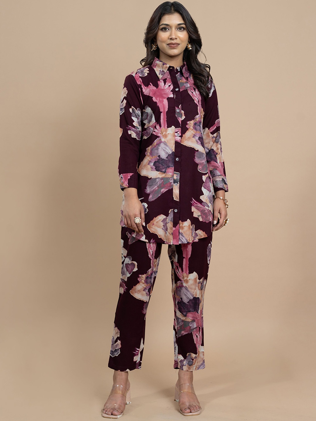 

VIRICA Printed Shirt & Trousers Co-Ord Set, Maroon