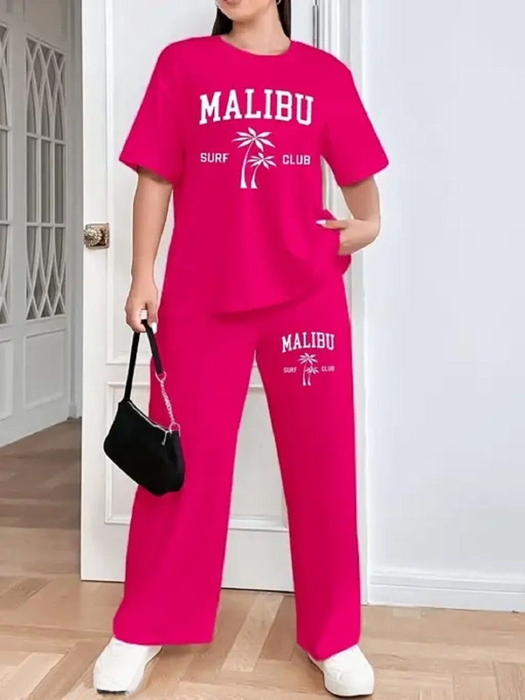 

My Swag Printed Round Neck T-Shirt With Trousers Co-Ords Set, Pink