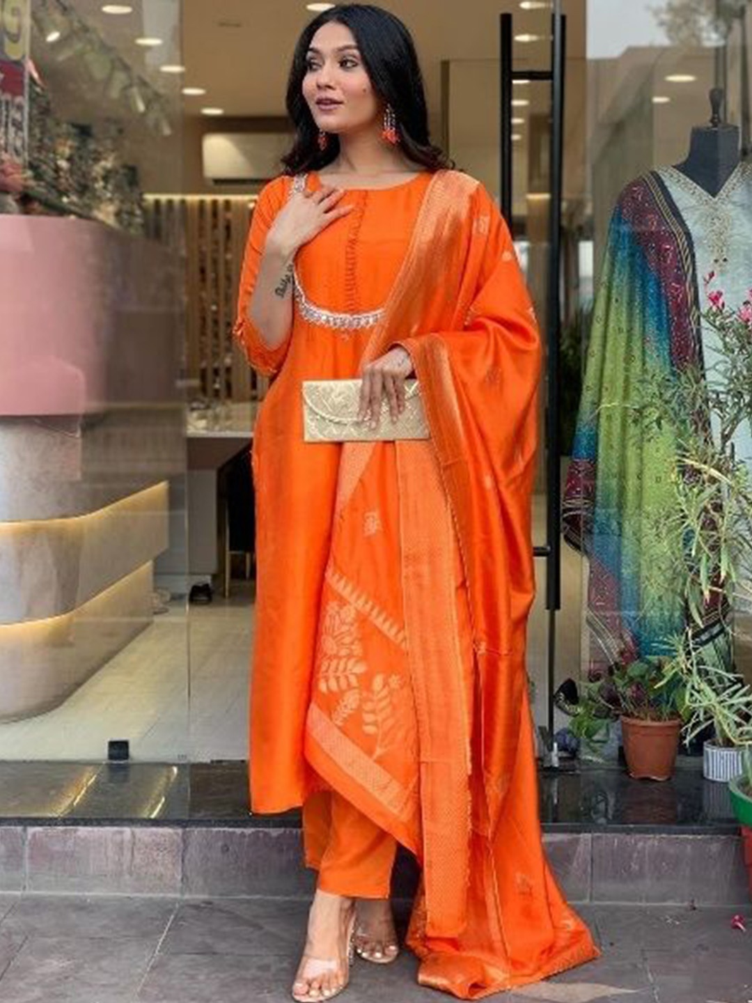 

Bought First Women Embroidered Regular Thread Work Kurti with Pyjamas & With Dupatta, Orange