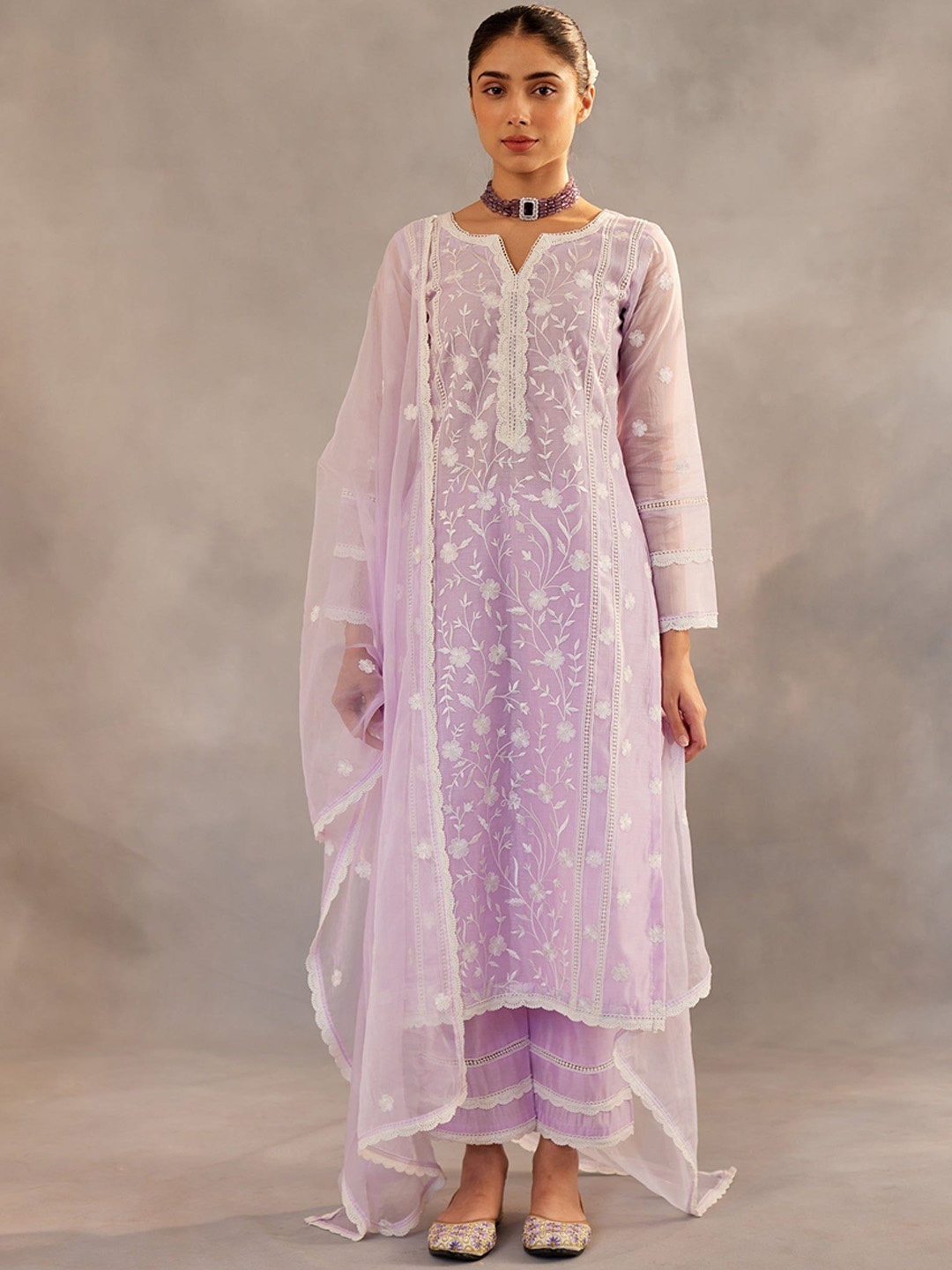 

Bought First Women Embroidered Regular Thread Work Kurti with Pyjamas & With Dupatta, Lavender