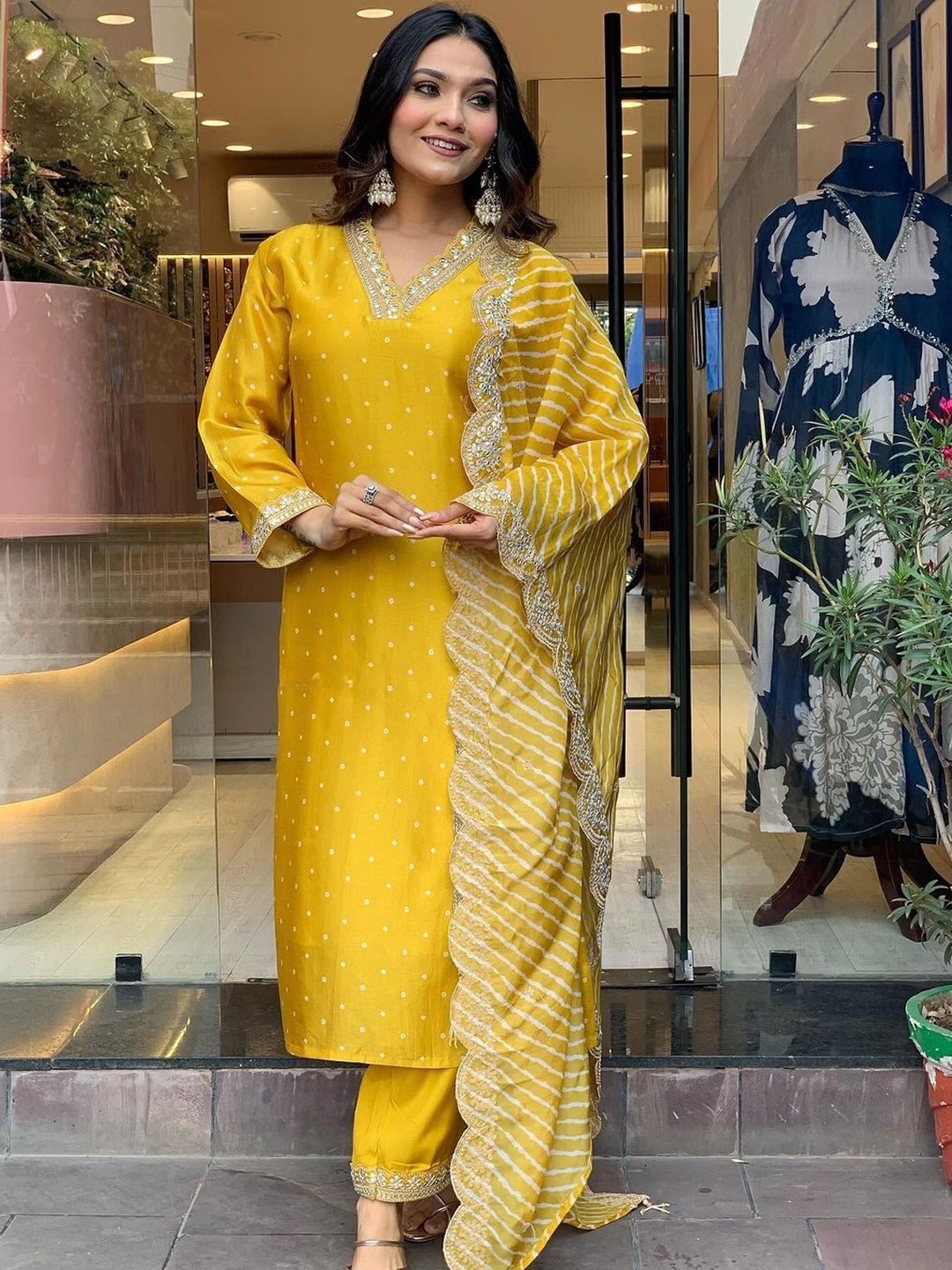 

Bought First Women Regular Thread Work Kurti with Pyjamas & With Dupatta, Yellow