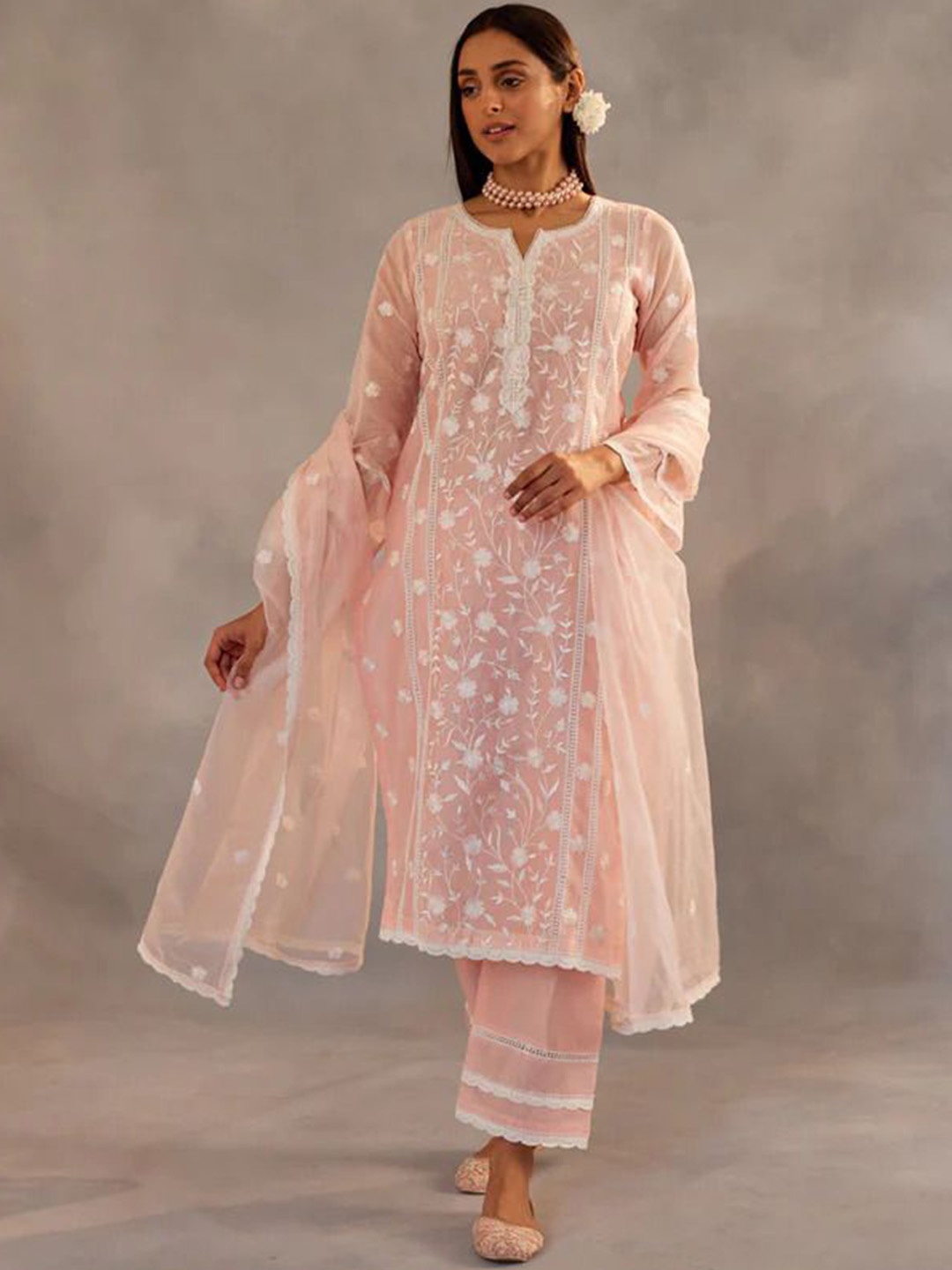 

Bought First Women Embroidered Regular Thread Work Kurti with Pyjamas & With Dupatta, Orange