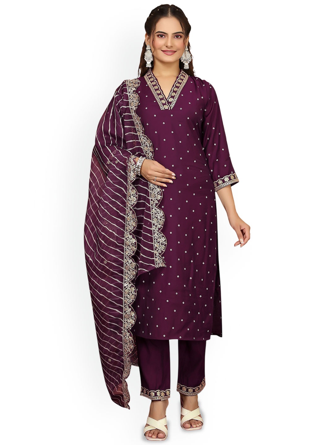 

Bought First Women Regular Thread Work Kurta with Pyjamas & With Dupatta, Purple