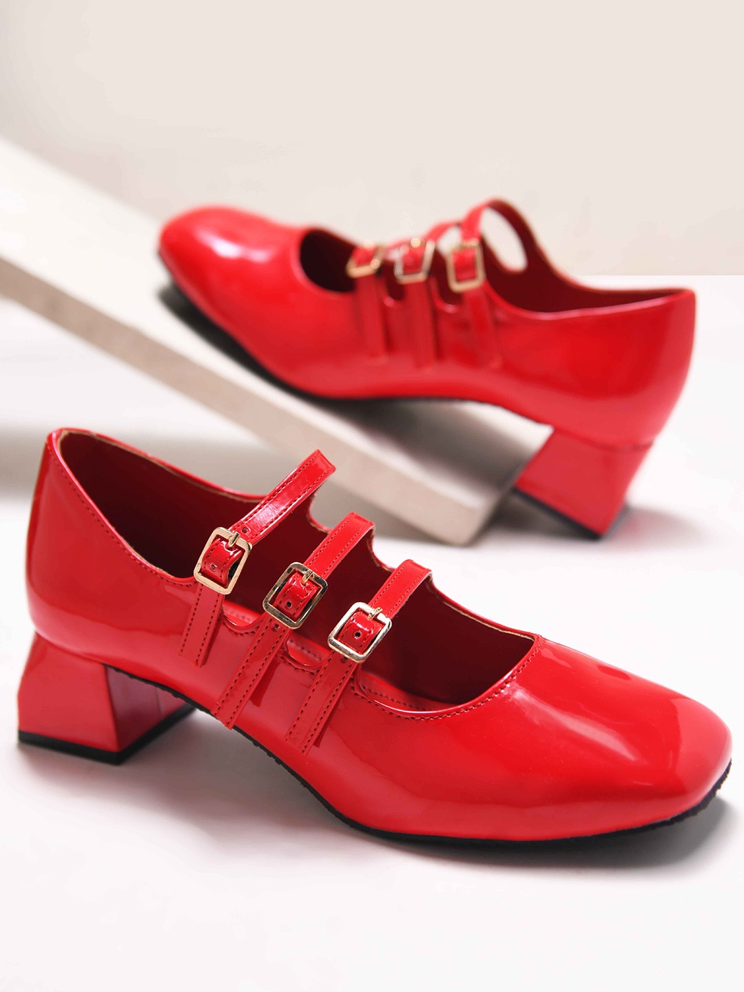 

JM Looks Party Block Mules with Buckles, Red