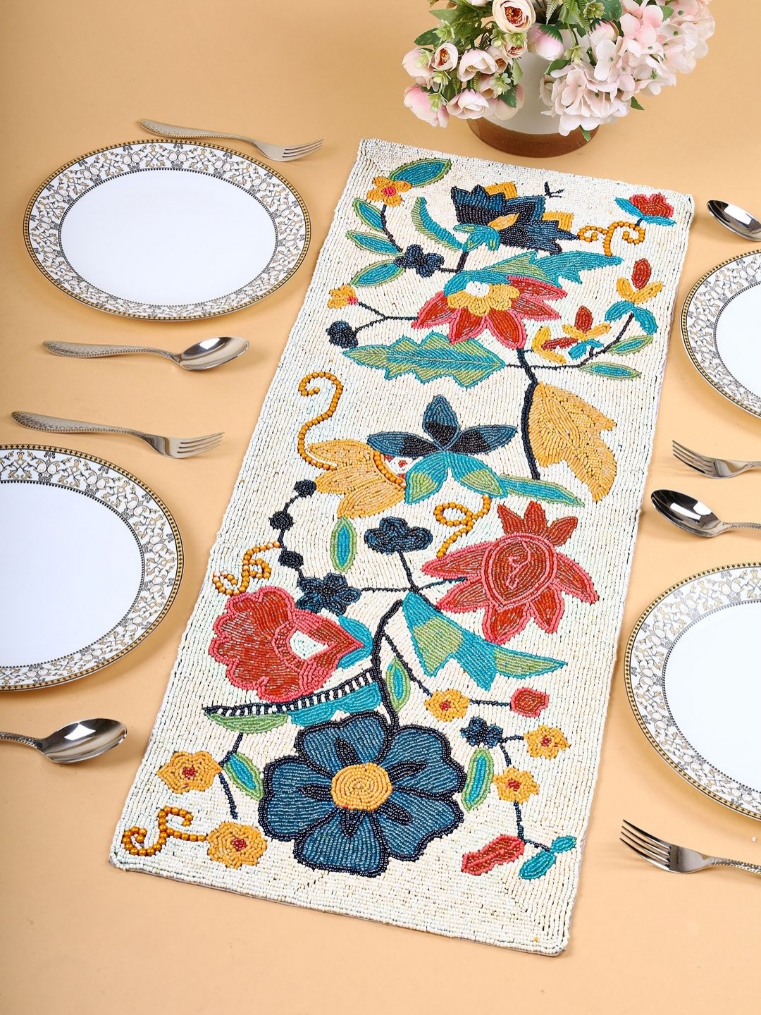 

PURINA'S White & Red Beaded Rectangular Dining Table Runner