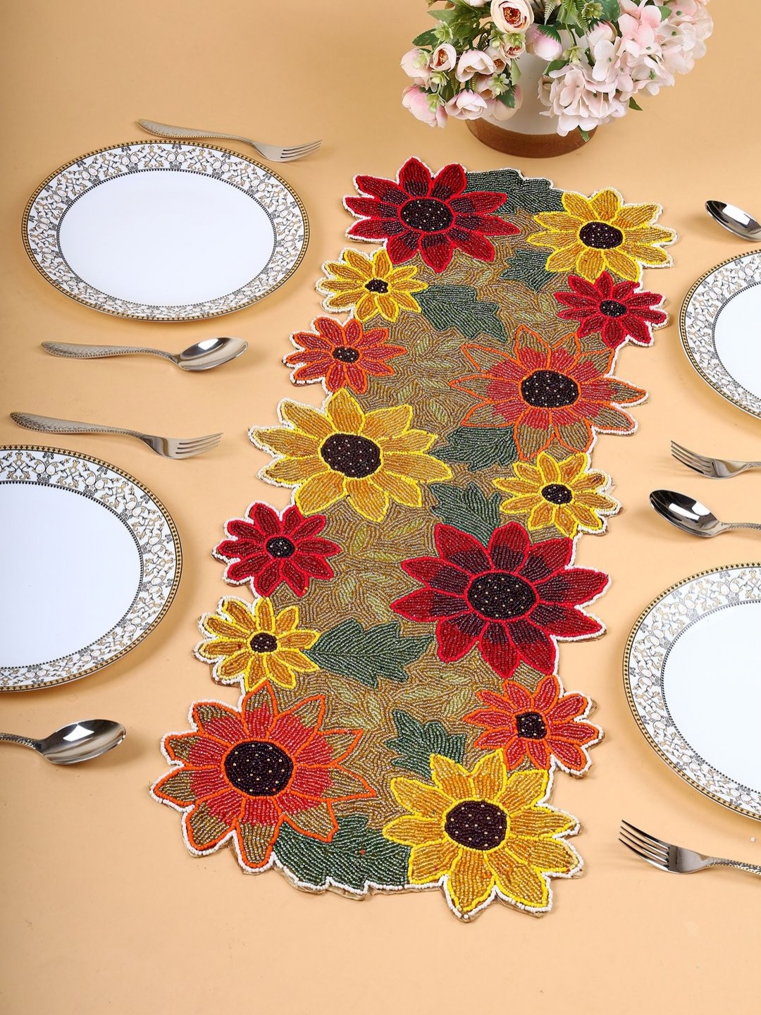 

PURINA'S Yellow & Green Beaded Floral Dining Table Runner