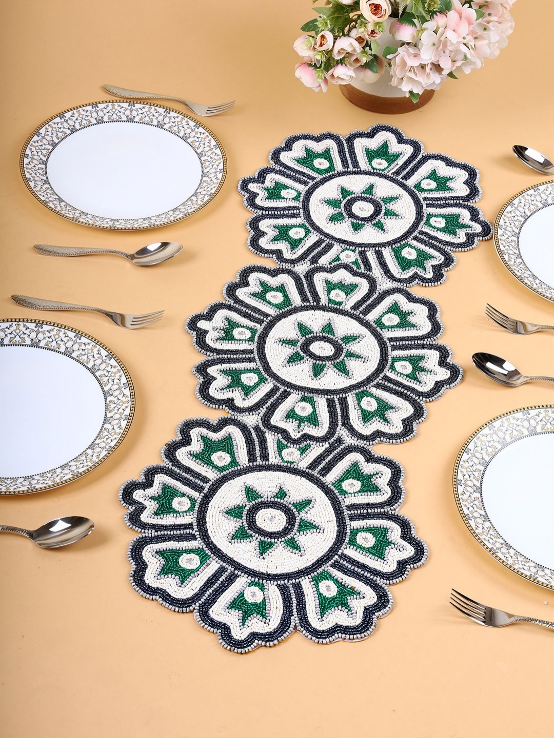 

PURINA'S White & Green Beaded Floral Dining Table Runner