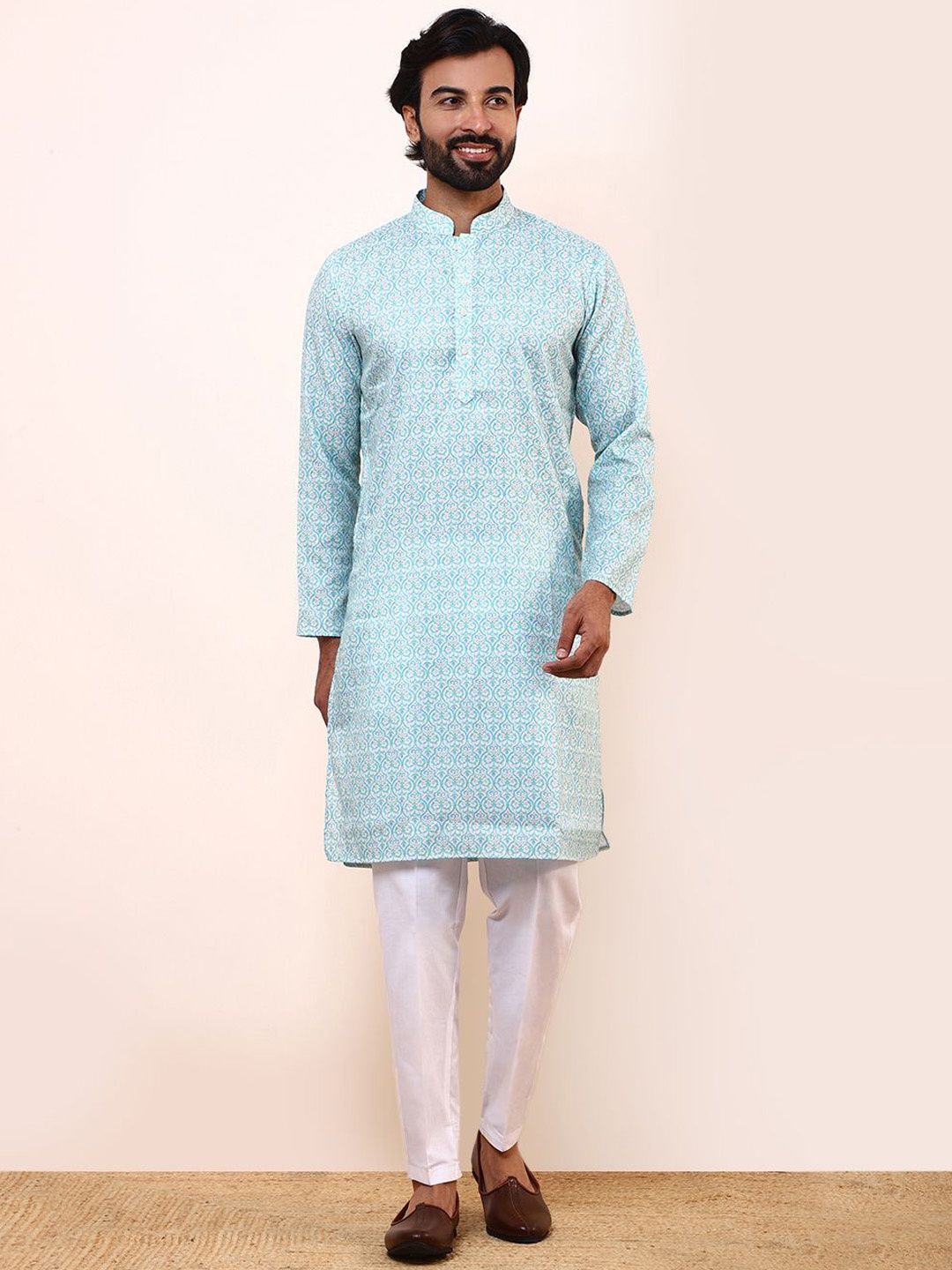 

Satwaa Ethnic Motifs Printed Mandarin Collar Cotton Straight Kurta, Turquoise blue