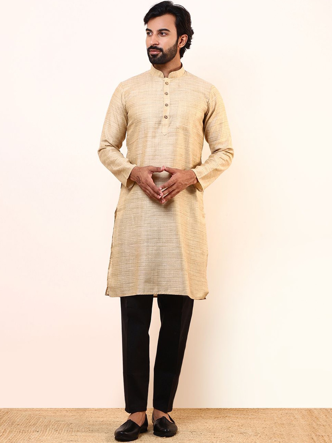 

Satwaa Woven Design Mandarin Collar Khadi Straight Kurta, Beige