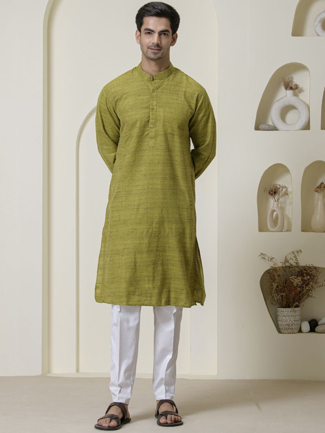 

Satwaa Woven Design Band Collar Khadi Cotton Straight Kurta, Olive