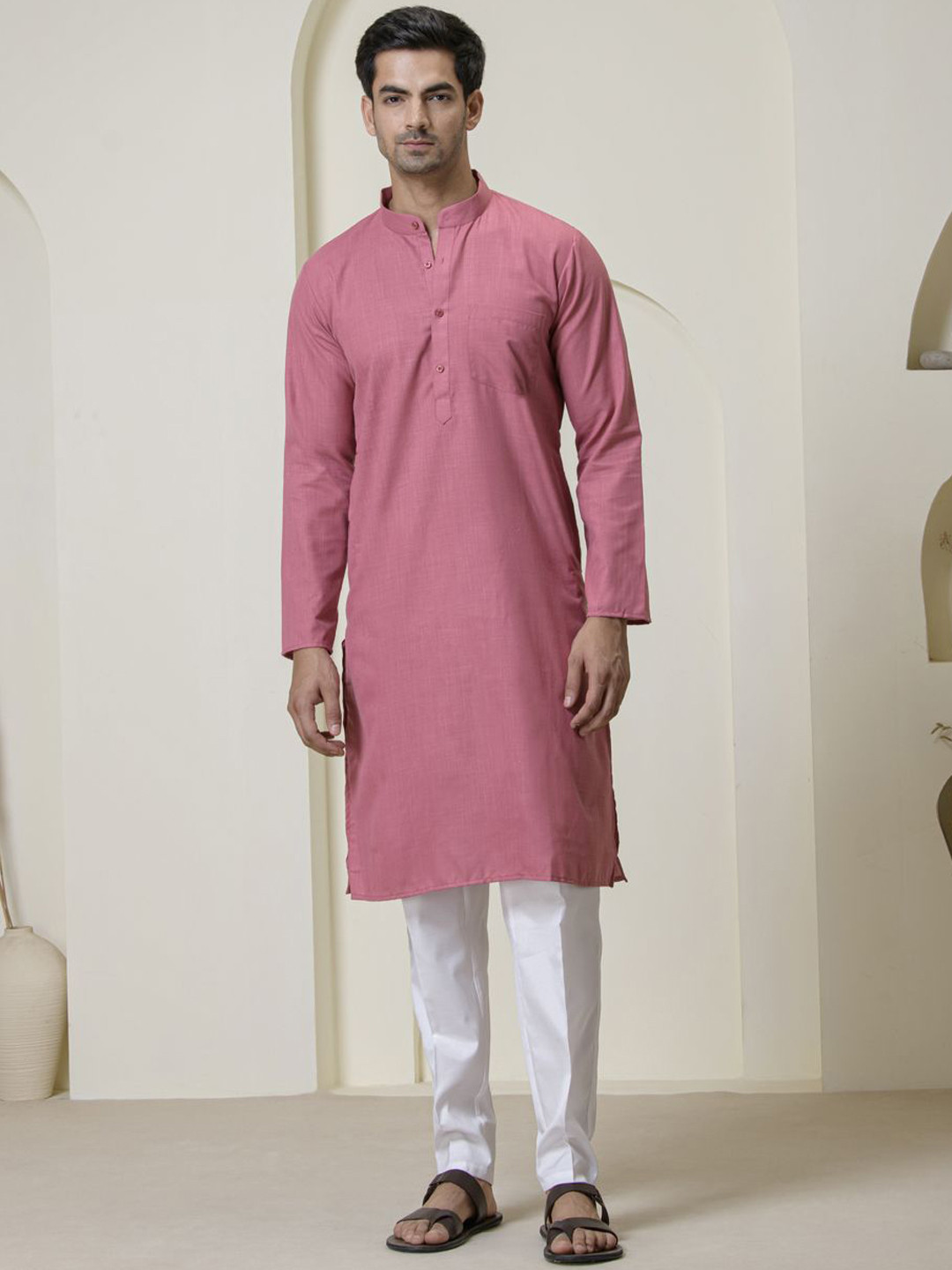 

Satwaa Band Collar Cotton Straight Kurta, Pink