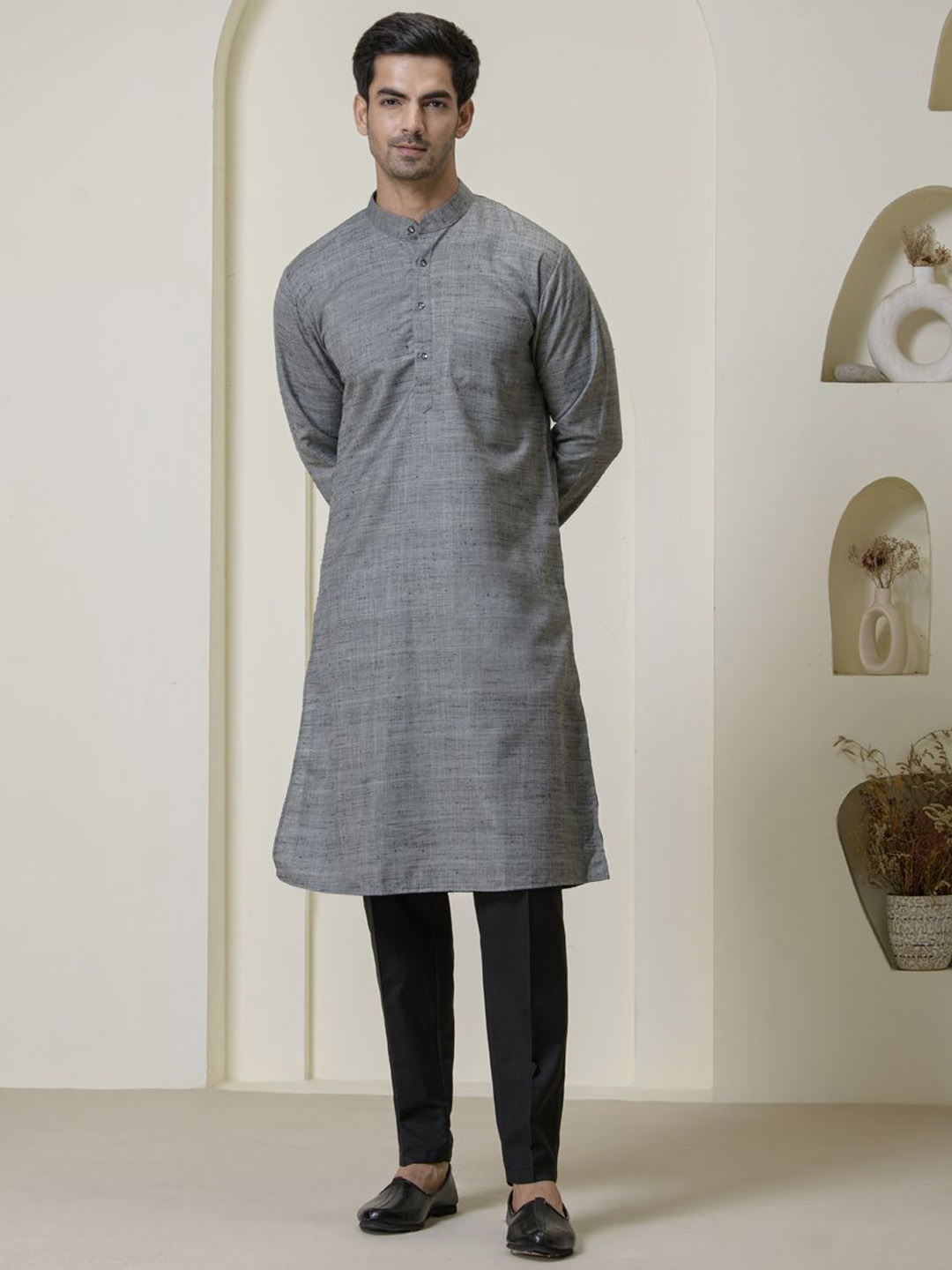 

Satwaa Woven Design Band Collar Khadi Cotton Straight Kurta, Grey