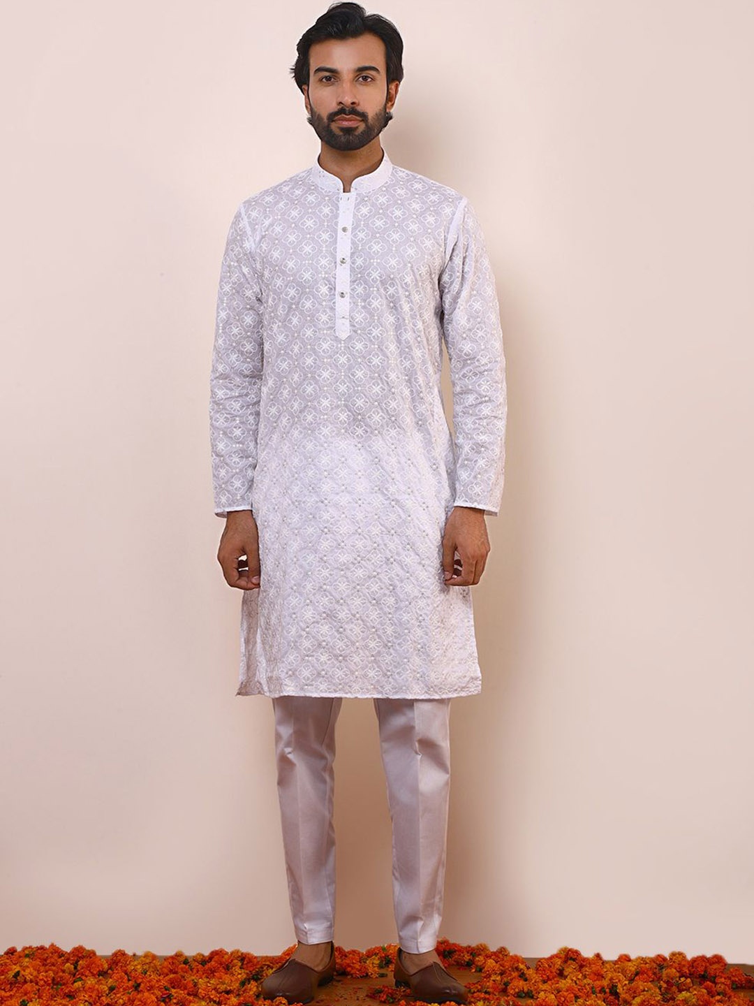 

Satwaa Floral Embroidered Mandarin Collar Thread Work Cotton Straight Kurta, White