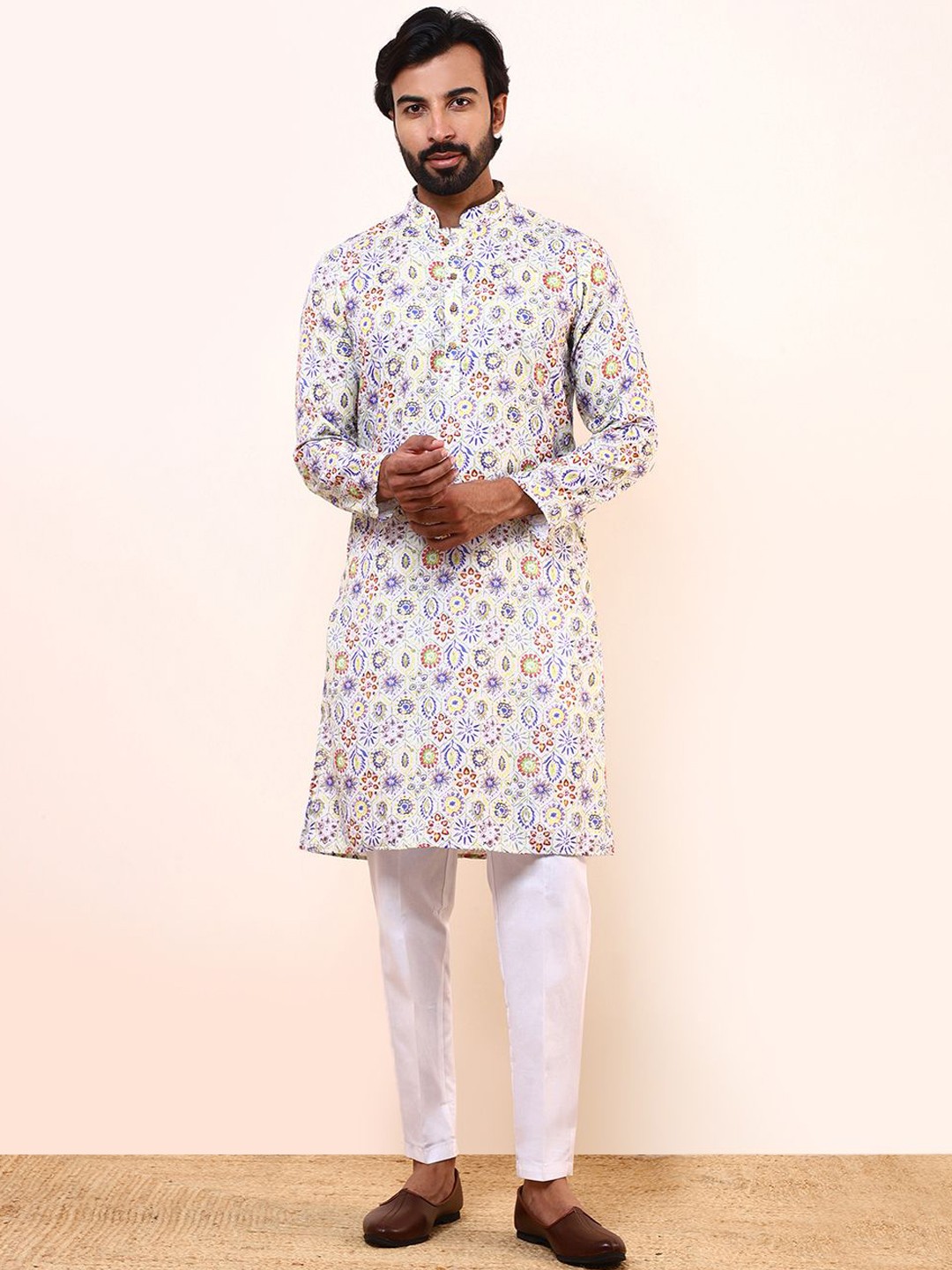 

Satwaa Floral Printed Mandarin Collar Cotton Straight Kurta, Blue