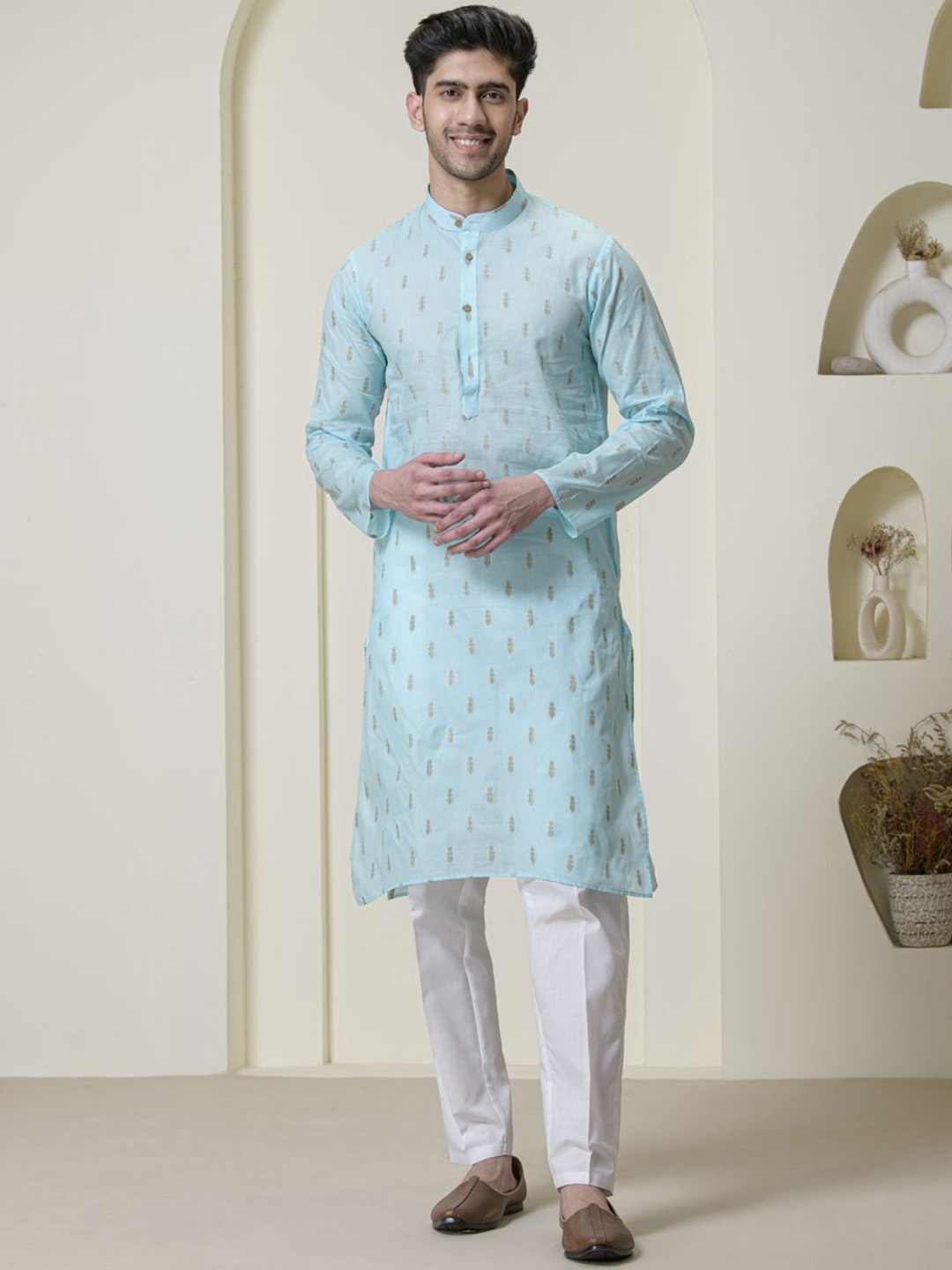 

Satwaa Geometric Printed Band Collar Cotton Straight Kurta, Blue