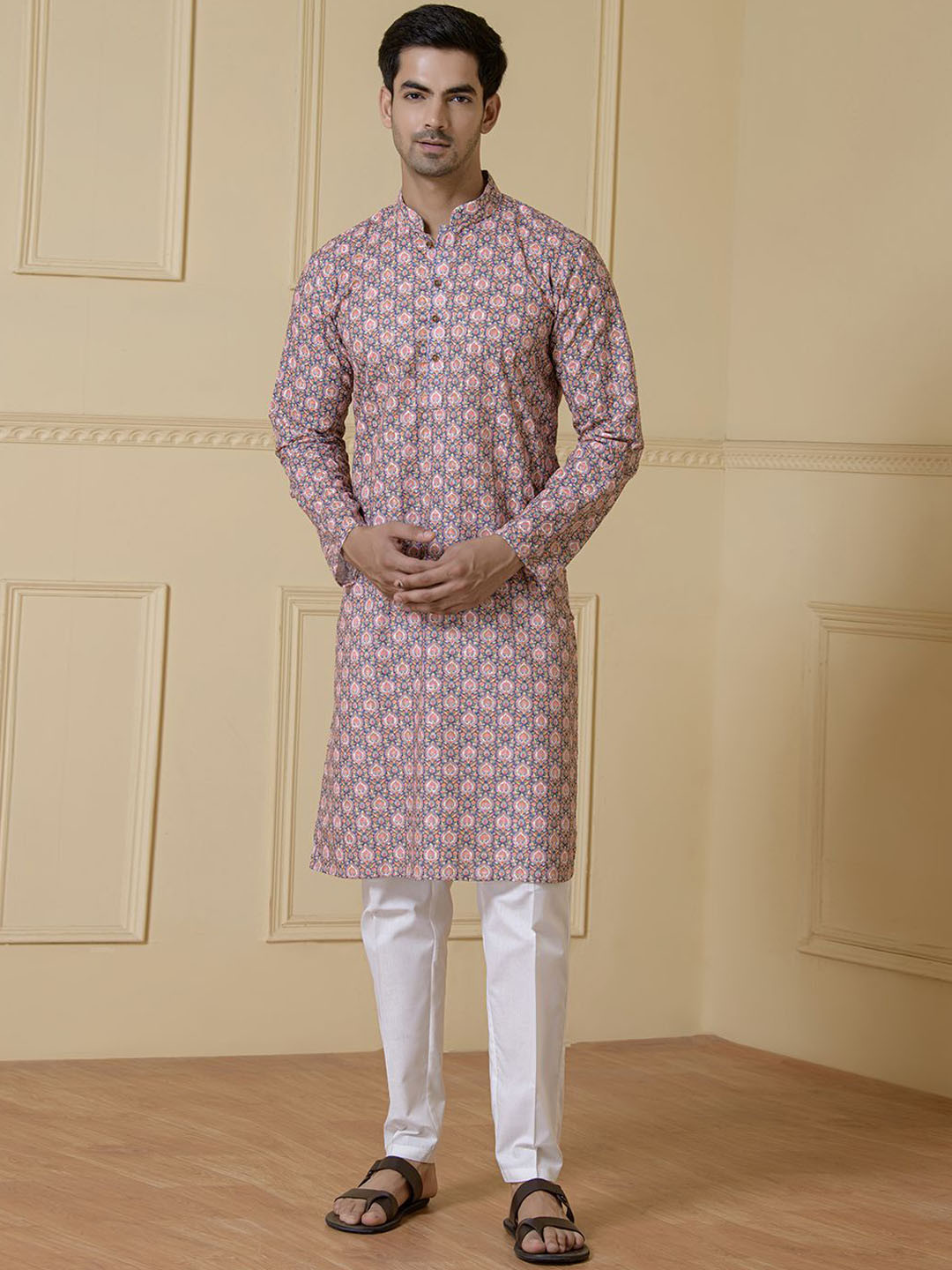 

Satwaa Ethnic Motifs Printed Mandarin Collar Pure Cotton Straight Kurta, Blue