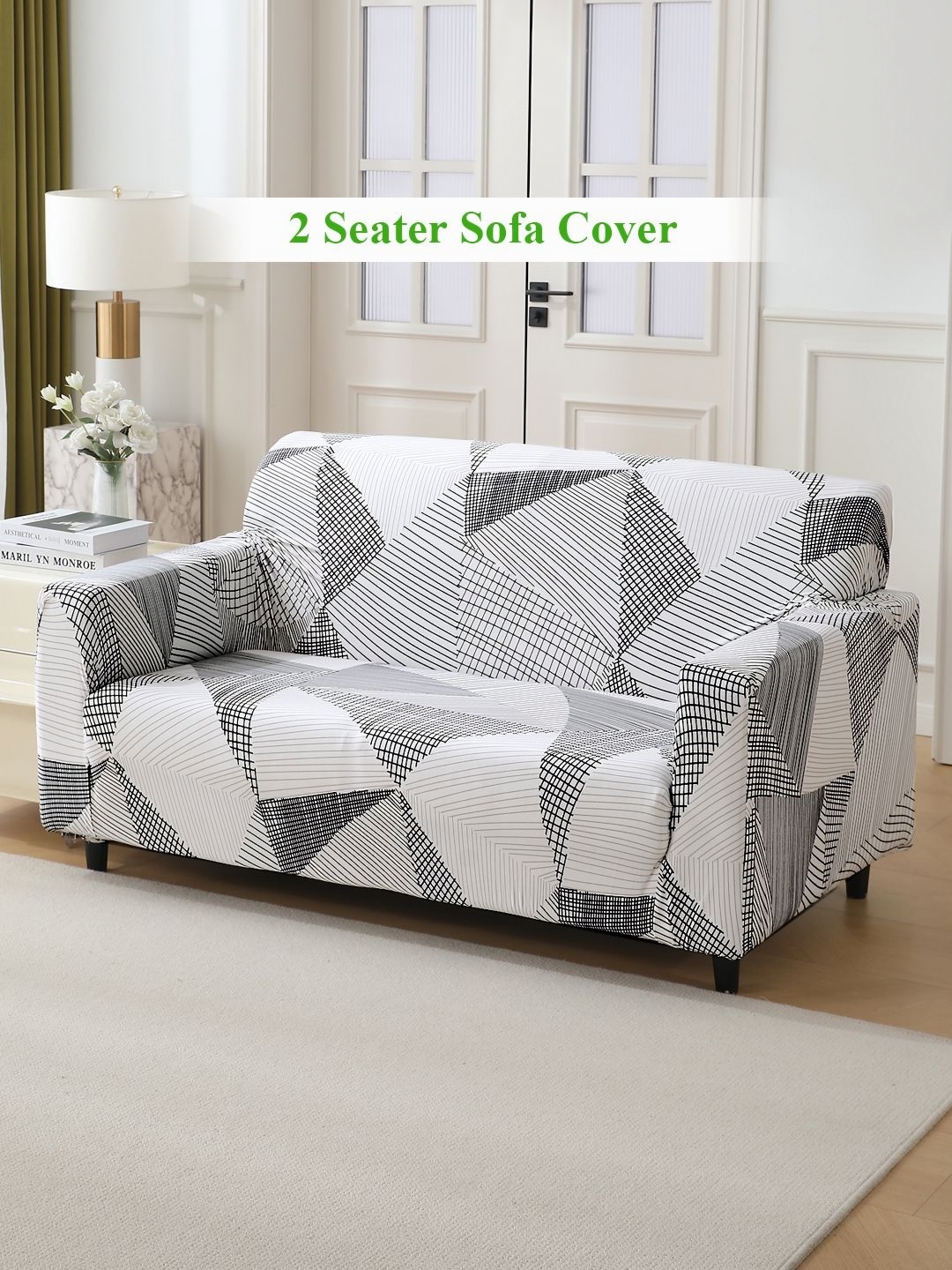 

HOKIPO White & Black 2 seater Printed Polyester Sofa Cover