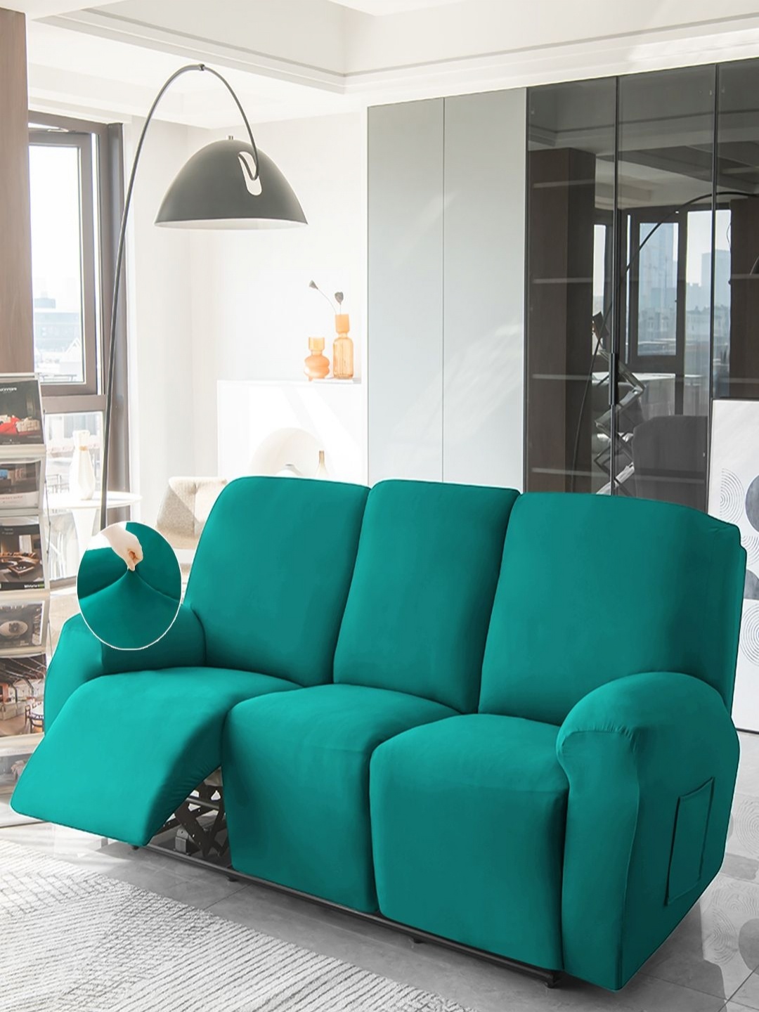 

HOKIPO Teal Solid 3 Seater Sofa Cover With Arms
