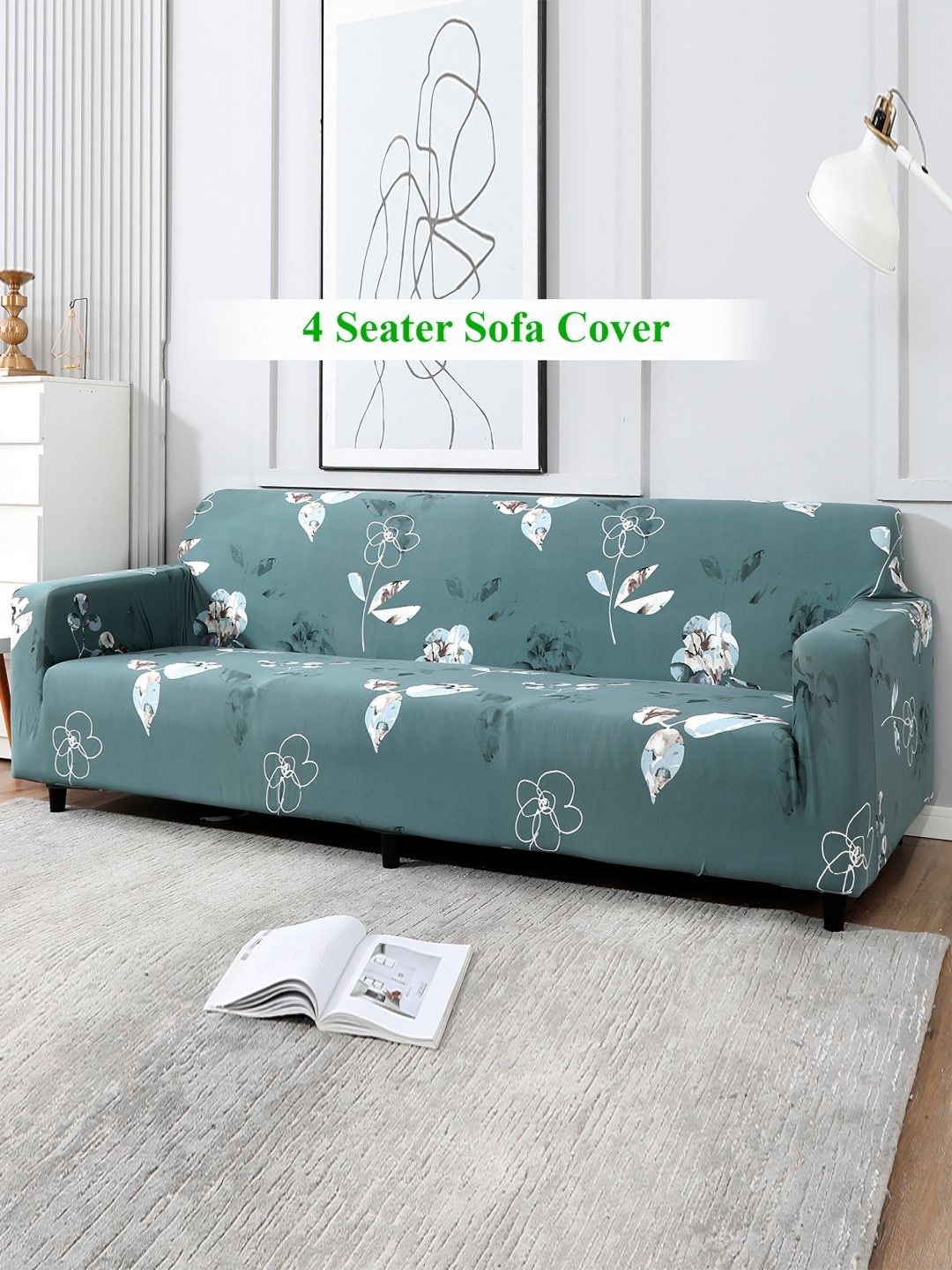 

HOKIPO Grey & White 4 seater Printed Polyester Sofa Cover With Arms