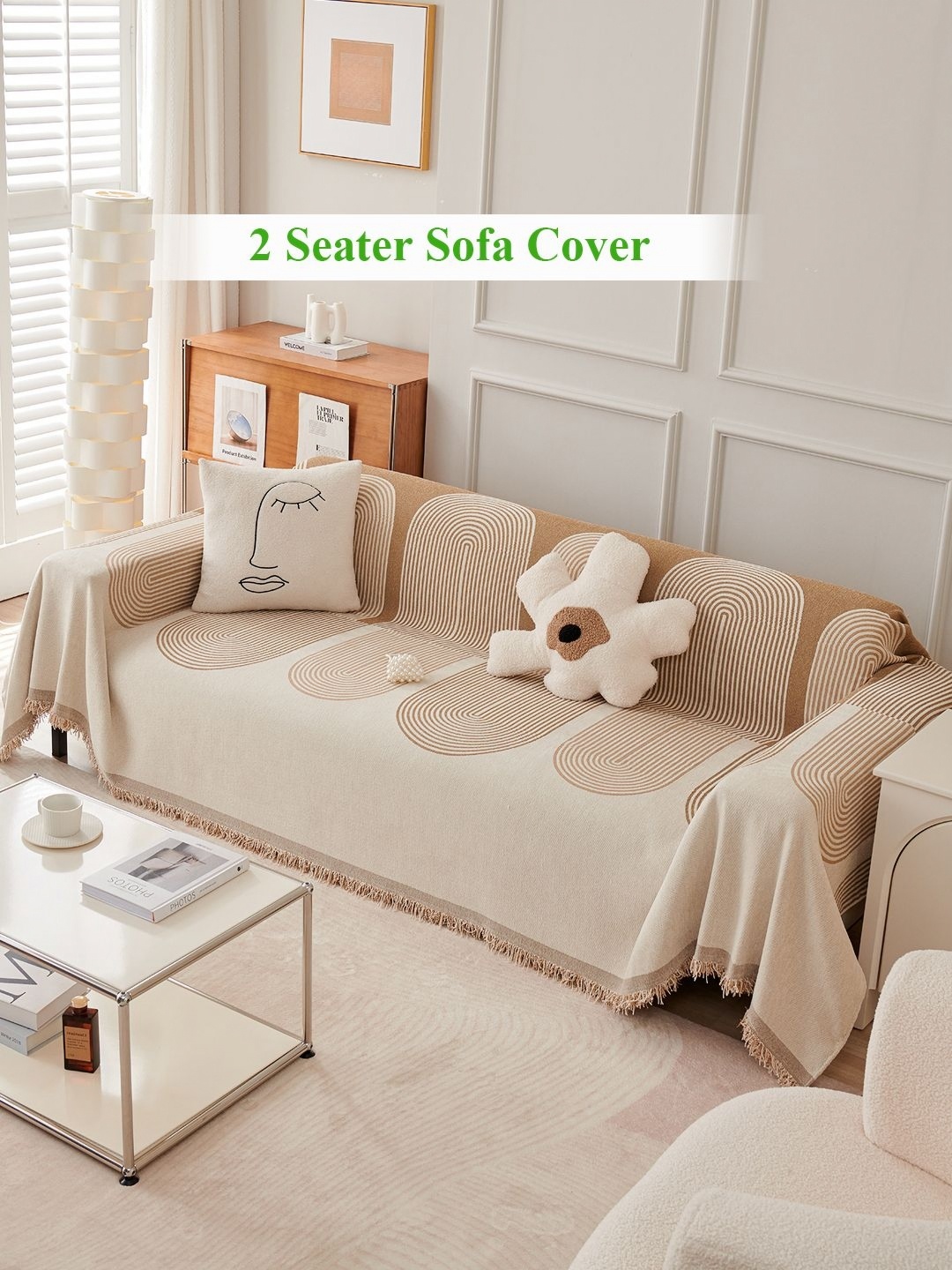 

HOKIPO Brown & Cream-Coloured Printed Chenille 2 Seater Sofa Throw