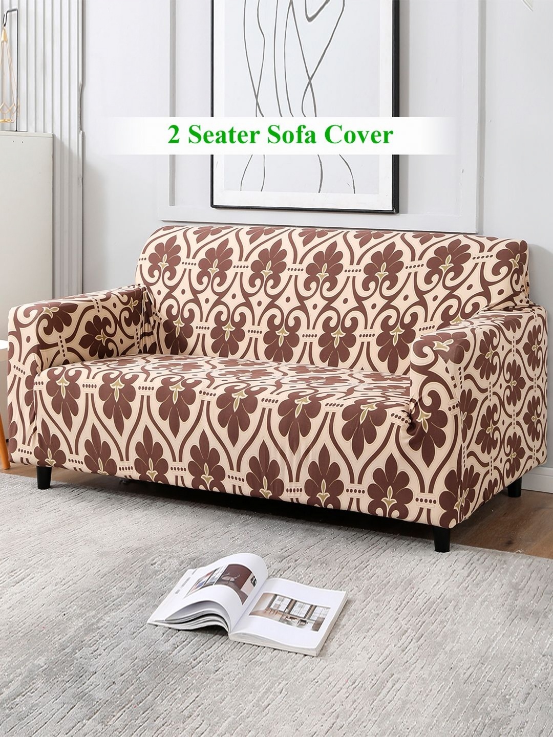 

HOKIPO Beige & Brown 2 seater Printed Polyester Sofa Cover with Arms