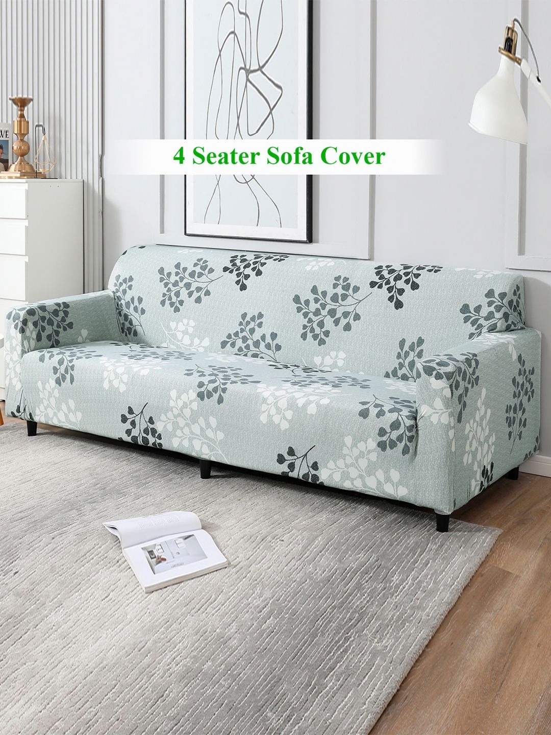 

HOKIPO Grey & White 4 Seater Printed Sofa Cover with Arms