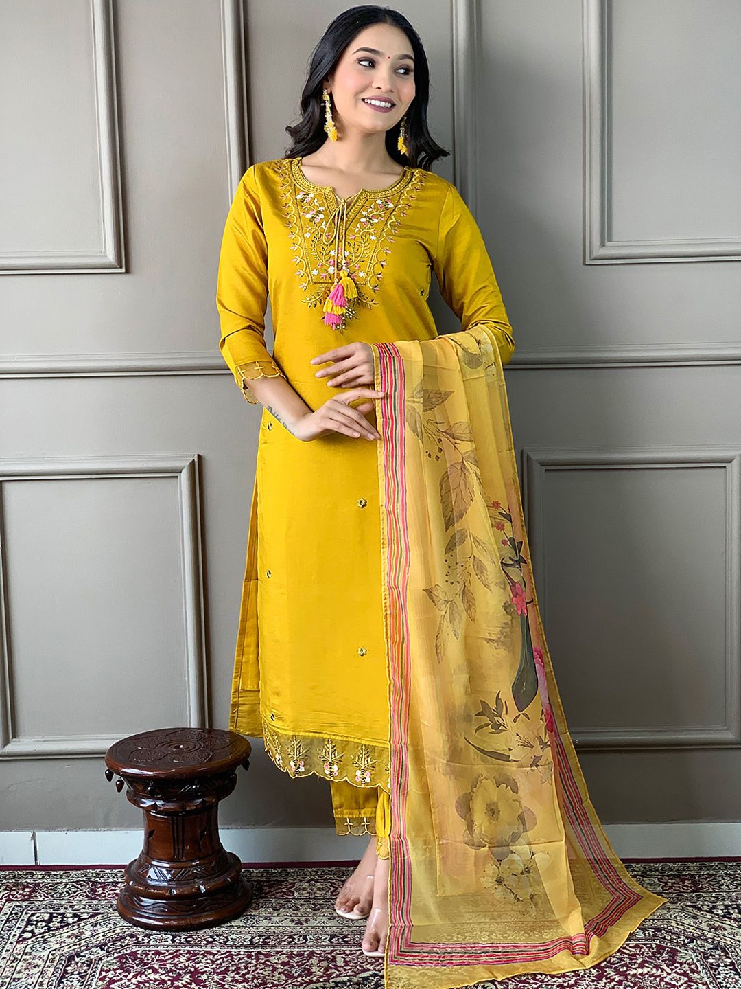

Moda Rapido Women Ethnic Motifs Embroidered Regular Mirror Work Chanderi Silk Kurta with Trousers & With, Mustard