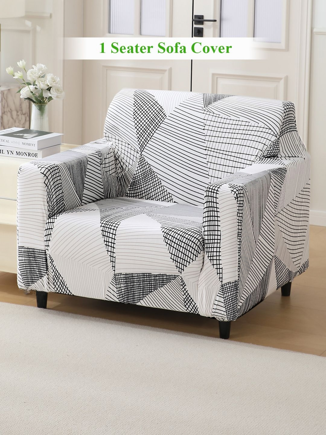 

HOKIPO White & Black 1 seater Printed Polyester Sofa Cover