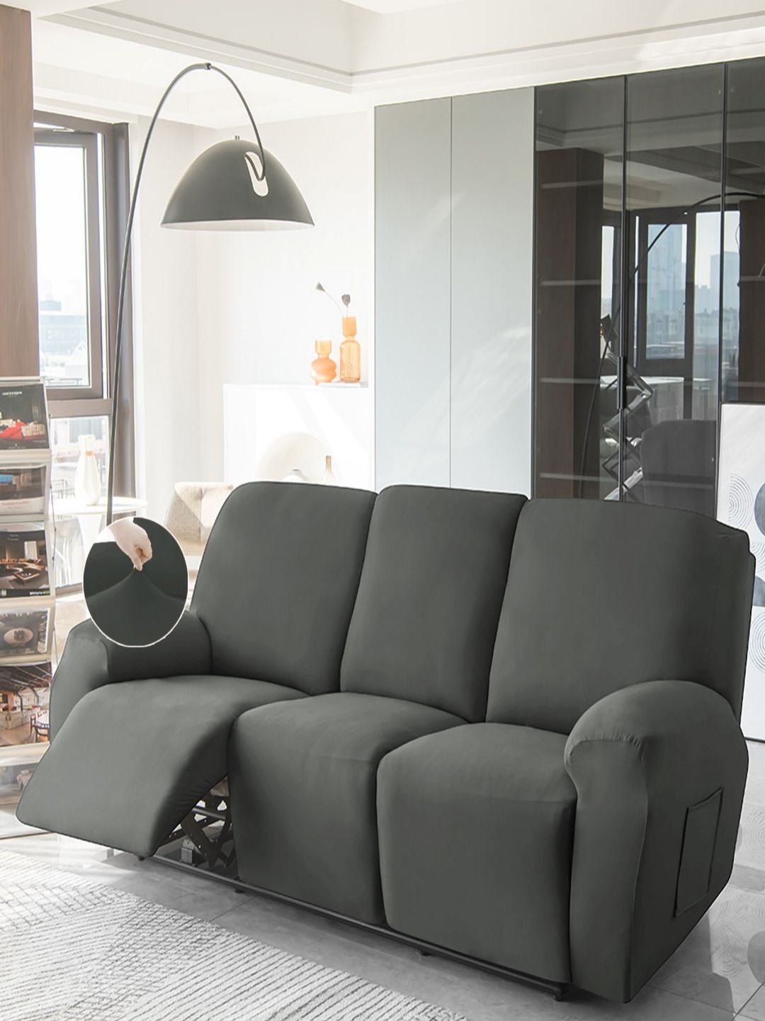 

HOKIPO Grey Solid 3 seater Polyester Recliner Sofa Cover with Arms