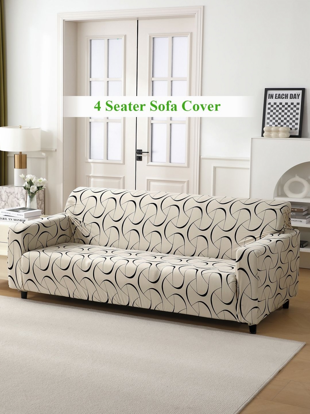 

HOKIPO Beige & Black 4 seater Printed Polyester Sofa Cover