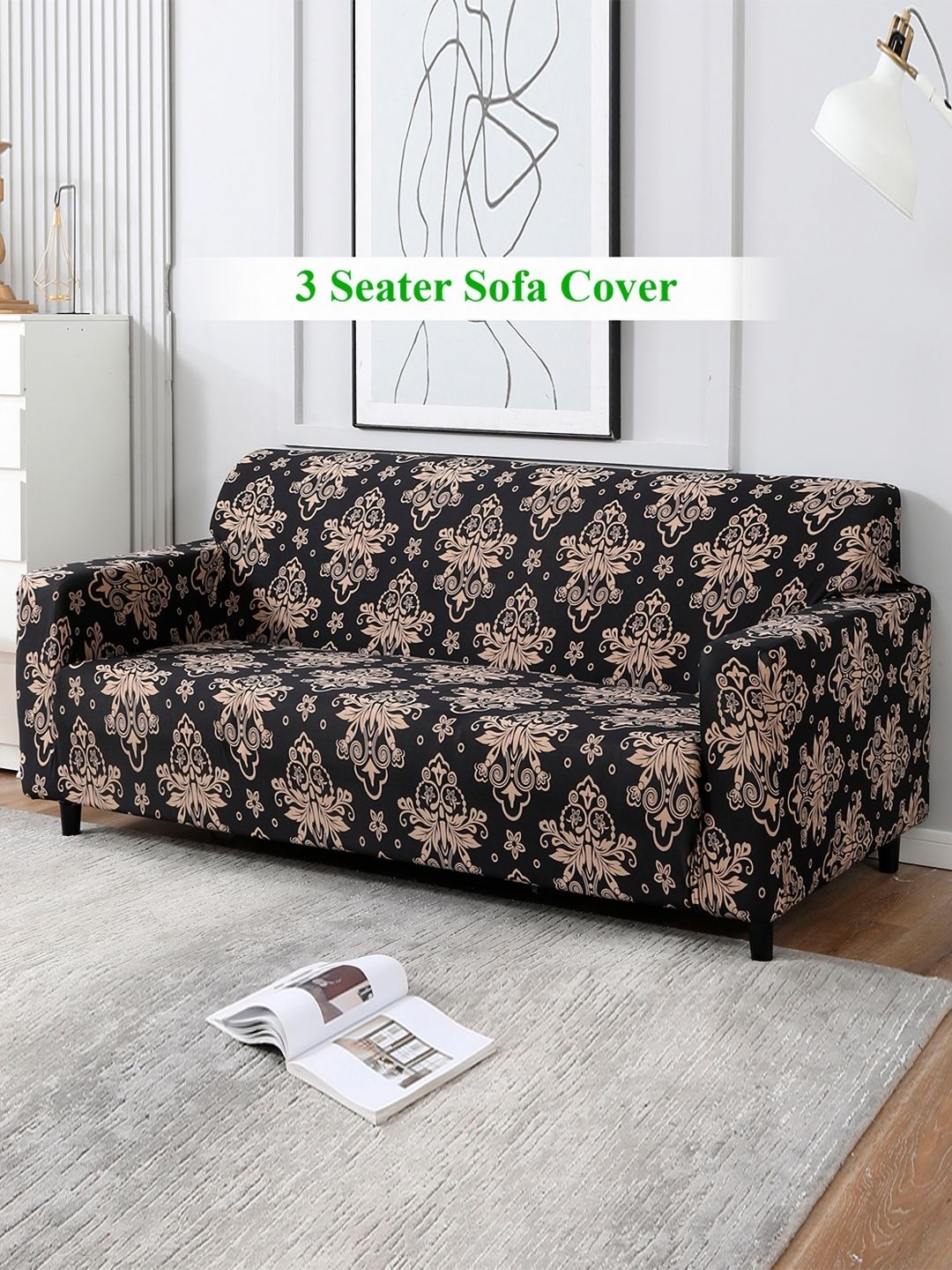 

HOKIPO Black & Cream-Coloured 3 seater Printed Polyester Sofa Cover