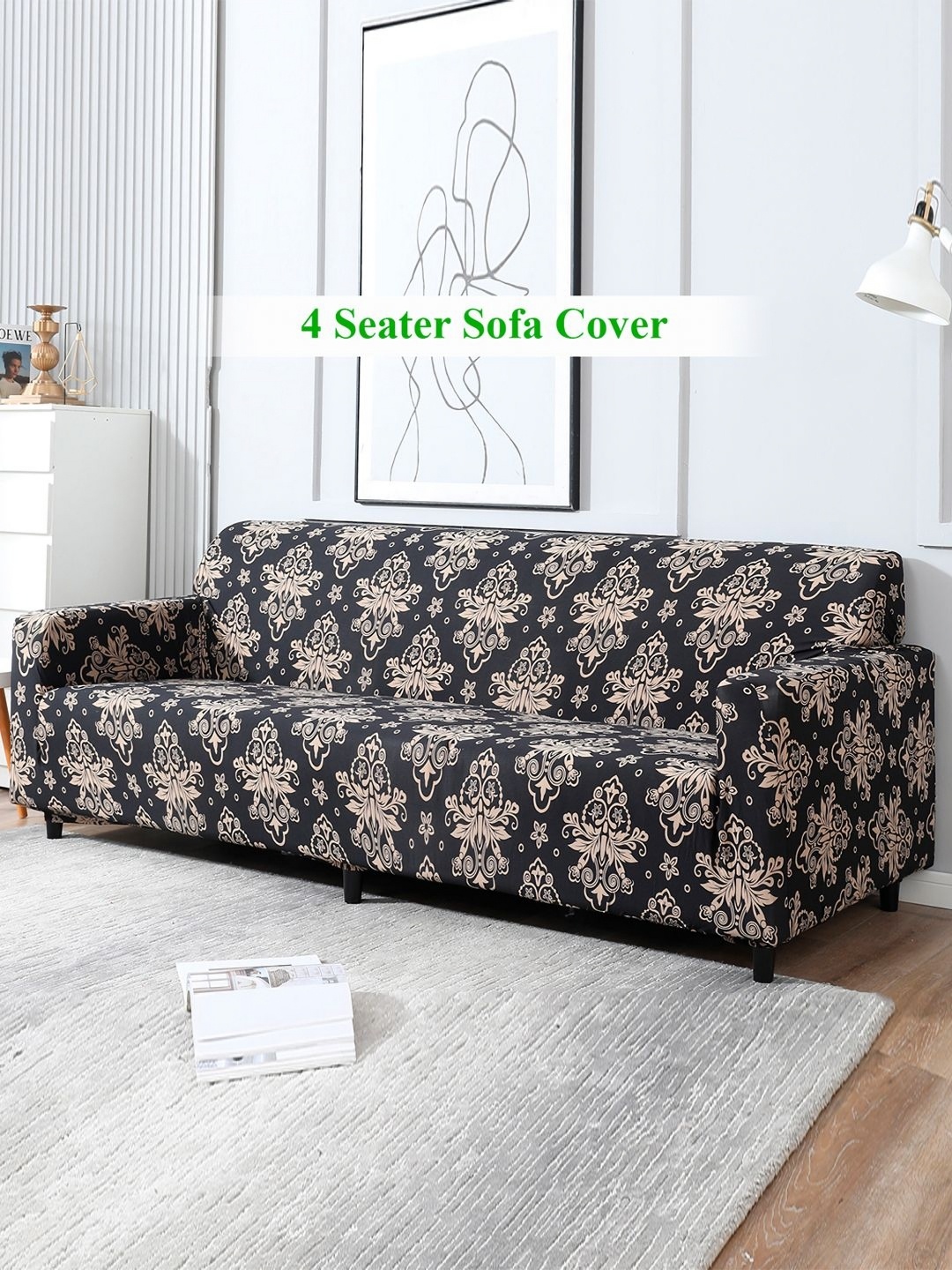 

HOKIPO Black & Beige 4 seater Printed Polyester Sofa Cover With Arms