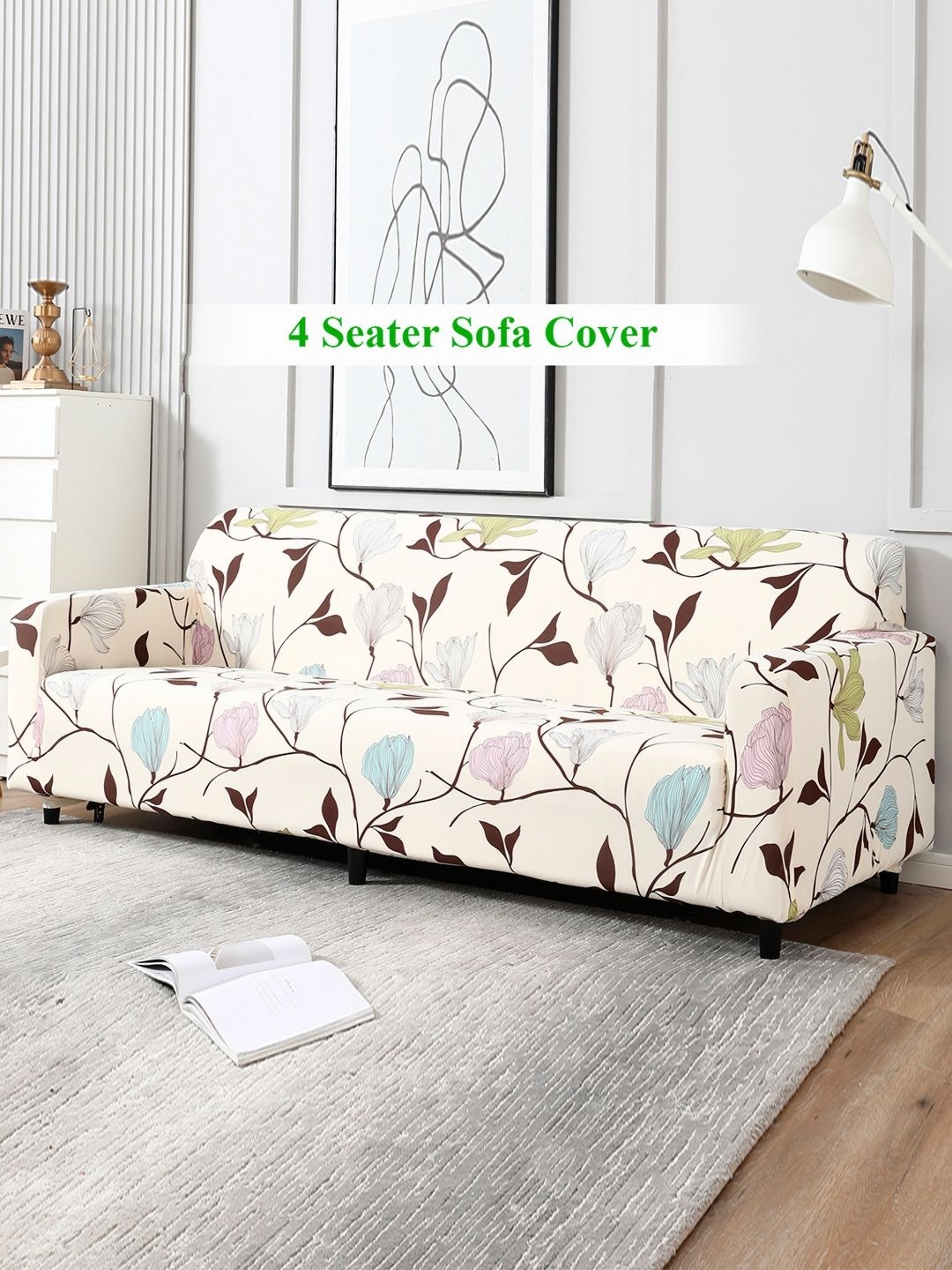 

HOKIPO Beige & Blue 4 seater Printed Polyester Sofa Cover