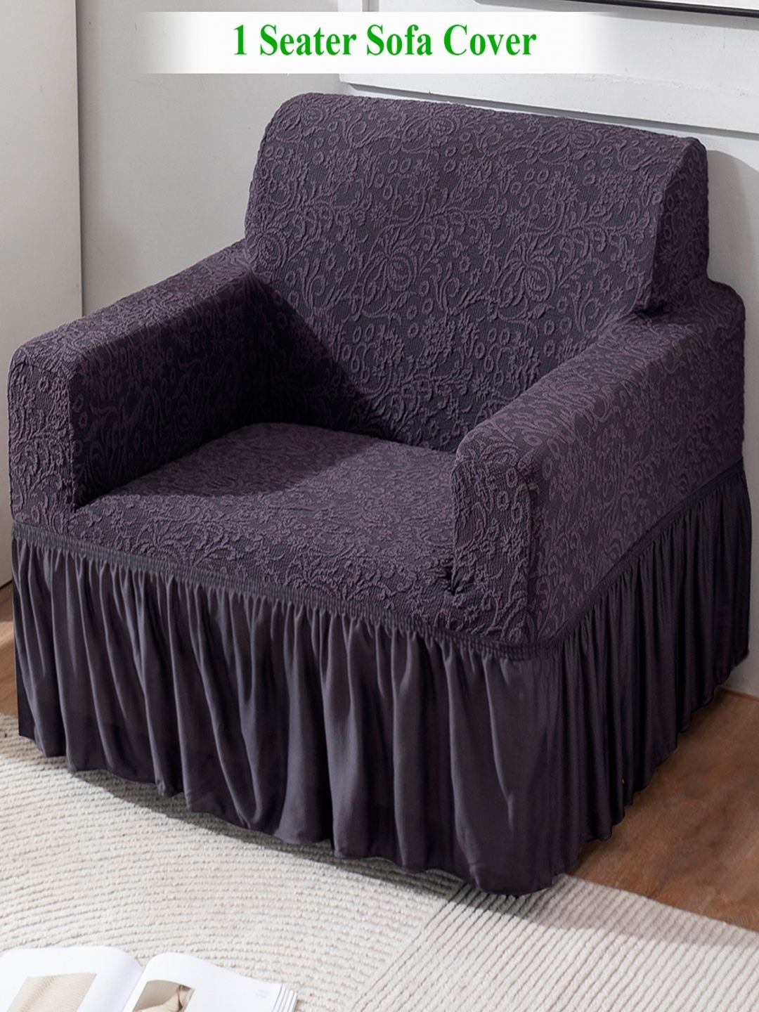 

HOKIPO Grey 1 seater Polyester Frilled Sofa Cover