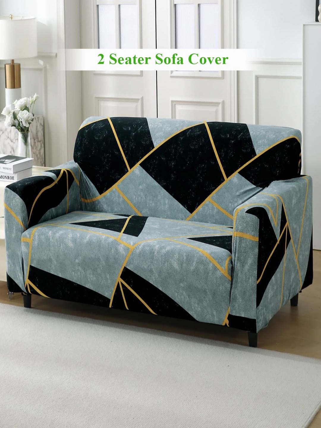 

HOKIPO Grey & Yellow 2 seater Printed Polyester Sofa Cover